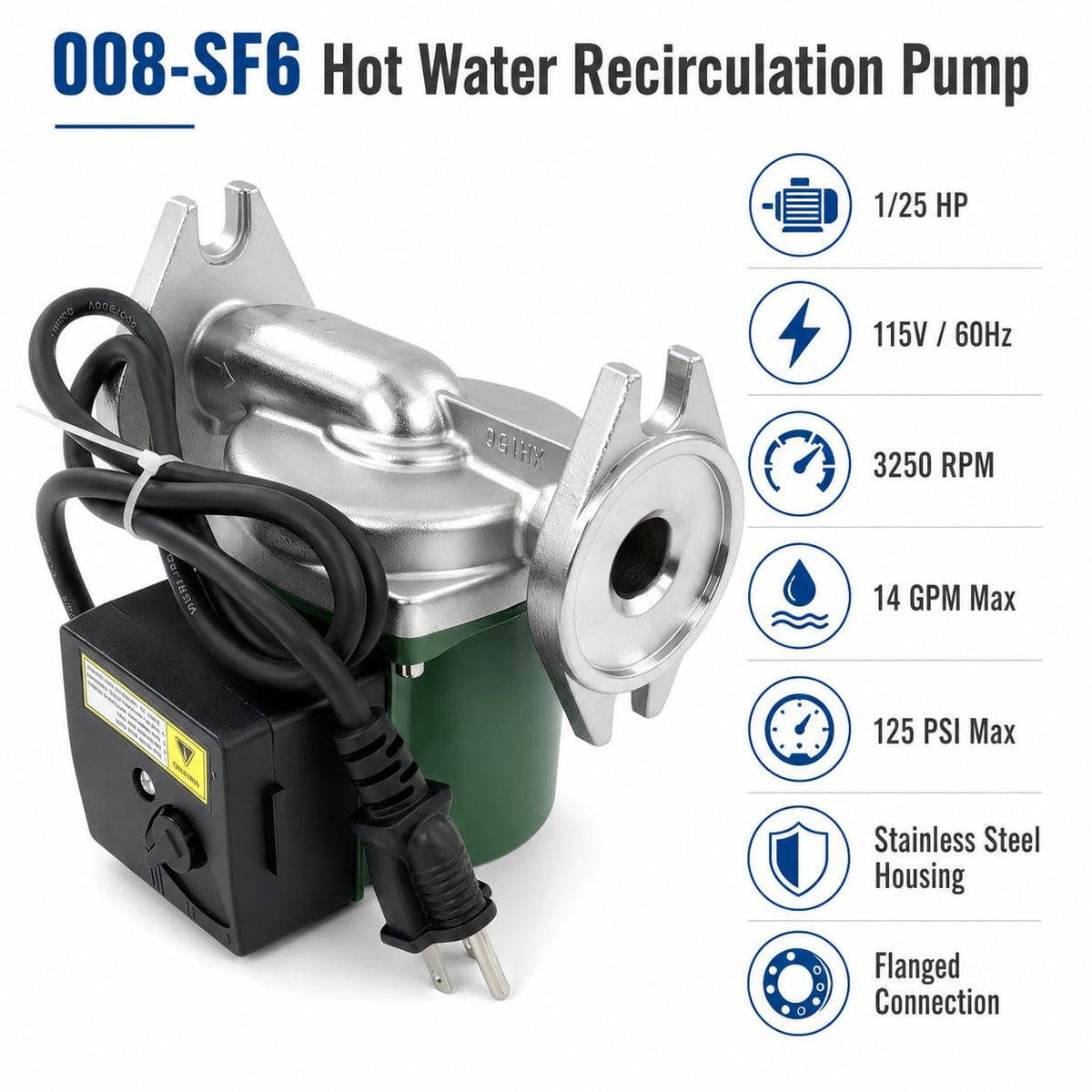 008-SF6 Hot Water Recirculation Pump 1/25 HP 115V 14 GPM 125 PSI 3250 RPM Flanged Stainless Steel Circulator Pump Compatible with Taco for Boiler Radiant Heating & Closed Loop System Replace 008SF6