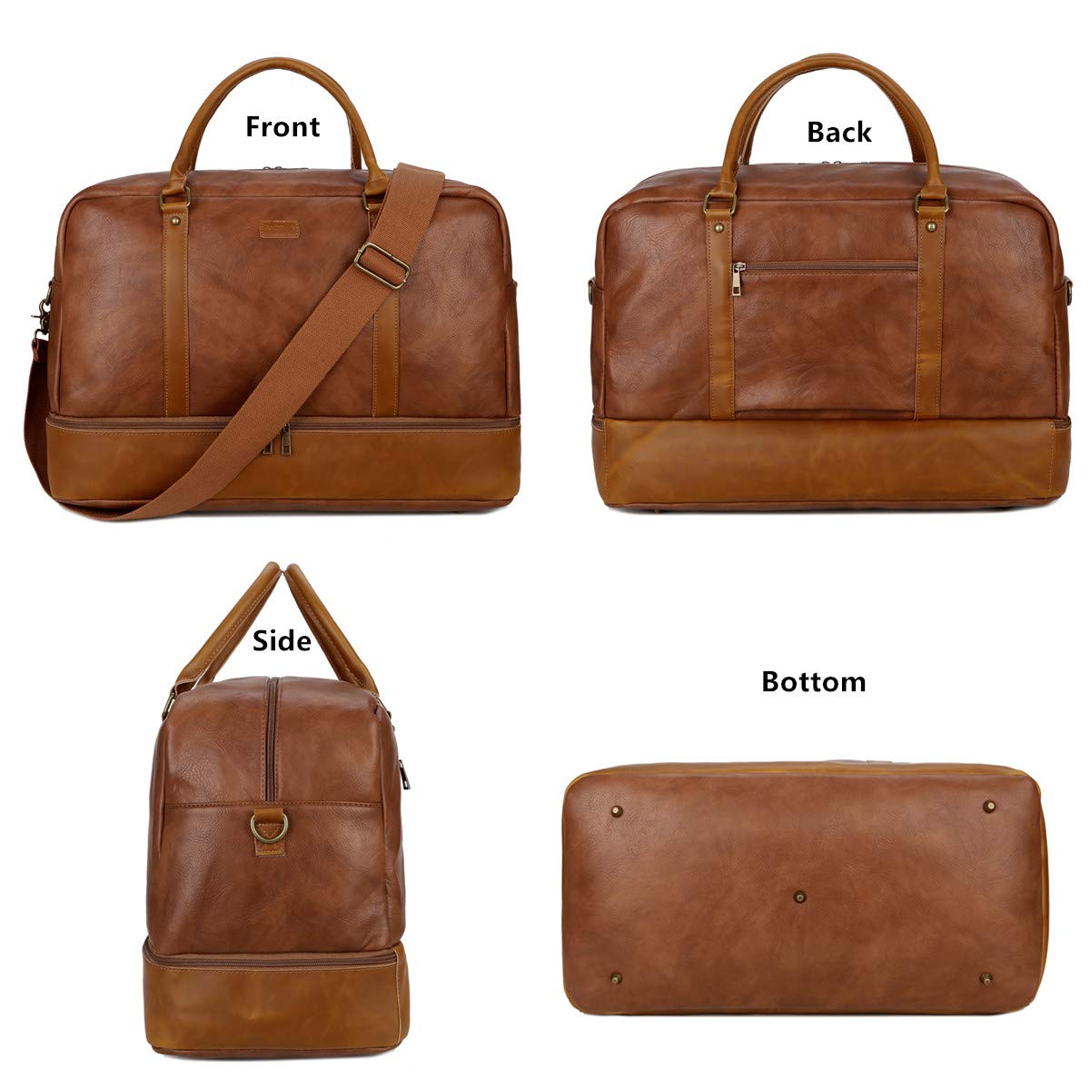 BAOSHA Vegan Leather Large Travel Duffel Tote Bag Carry On Weekender Overnight Bag With Shoe Compartment HB-38 (Brown)