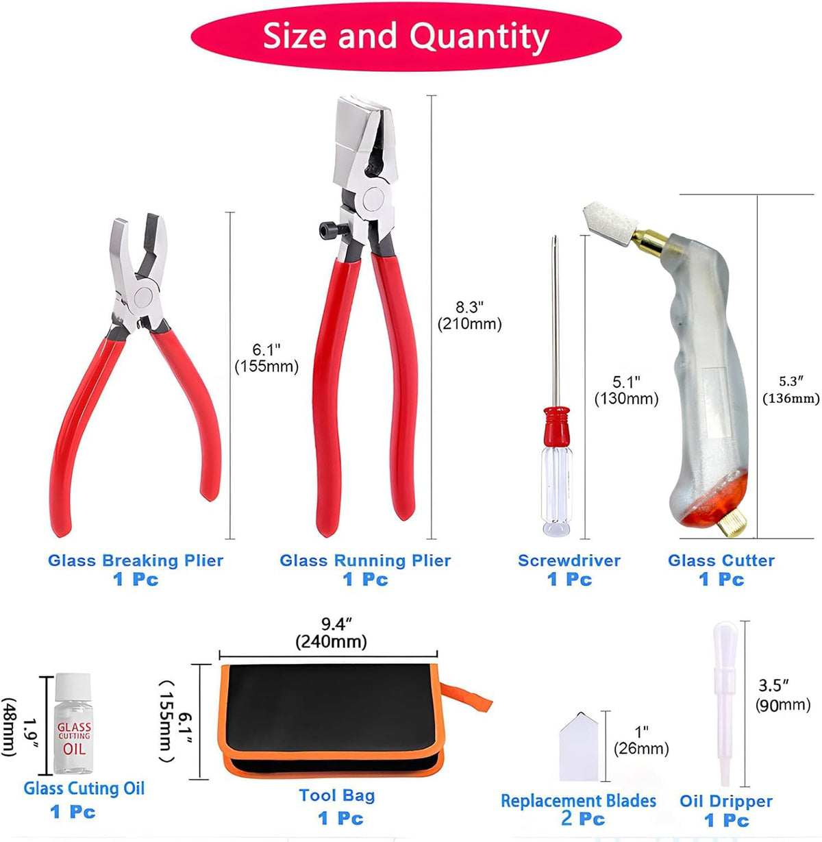 Puwany Glass Cutting Tool Kit,Glass Cutters Tools Set with Oil Feed Glass Cutter Glass Running Pliers Breaker Pliers, Glass Cutting for Stained Glass Mosaic Tiles Mirrors,Zipper Package