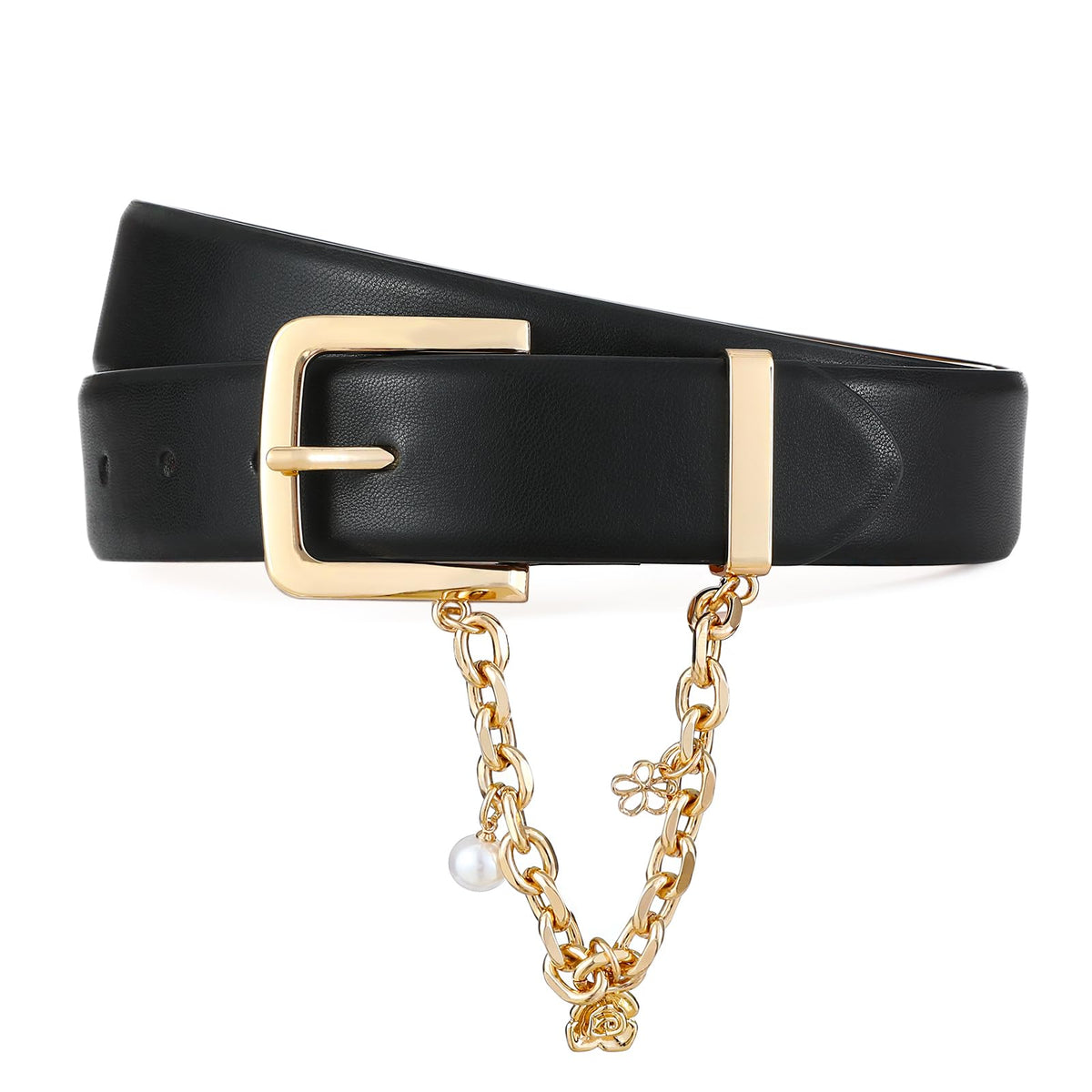 AI DEEBLUE Women's Leather Belt for Jeans Black Belt with Gold Buckle and Chain Fashion Belts for Women