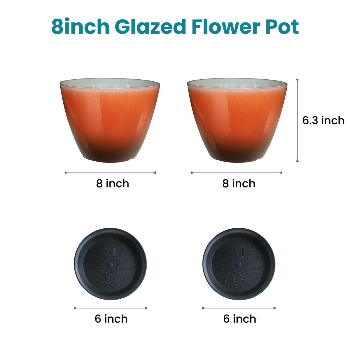 Vanslogreenk 8 inch Plant Pots Indoor Modern Glaze Planters with Drainage Holes, Garden Flower Pots Planter for Aloe, Herbs, Cactus (Orange, 2pcs)