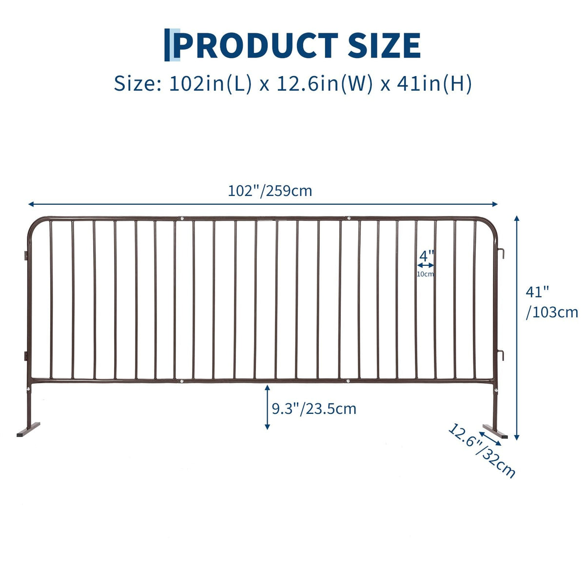 Heavy Duty Interlinked Steel Crowd Control Barricade – Removable Flat Feet, Durable Powder-Coated, Weather Resistant Safety Barrier for Events, Construction, Parking, Pedestrian Zones – 8.5FT, Brown