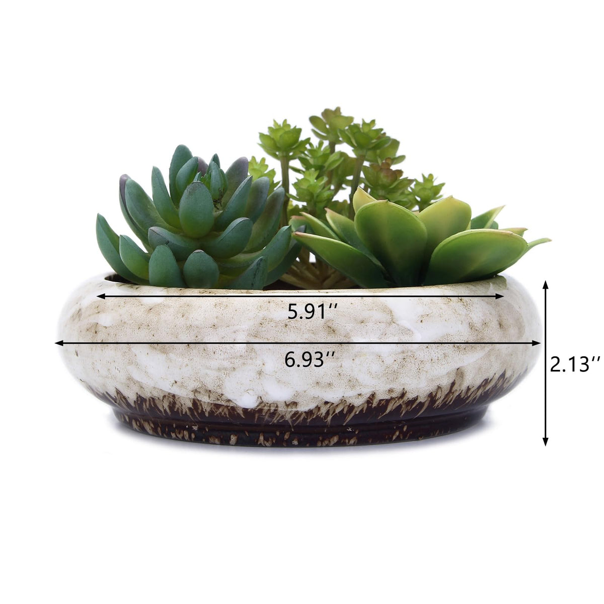 VanEnjoy 7.3 inch Round Large Shallow Succulent Ceramic Glazed Planter Pots with Drainage Hole, Bonsai Pots Garden Decorative Cactus Stand Flower Container (White)
