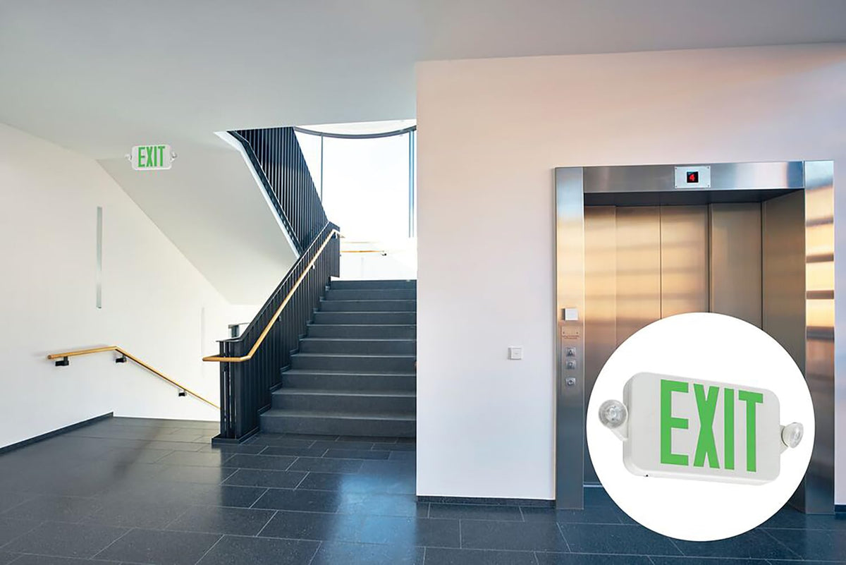Lithonia Lighting Basics LED Exit Sign/Emergency Light Combo, Red/Green Switchable Exit Sign and Emergency Lights for Business, 2-Head Fixture, Round Lights, Remote Capacity, White (ECRG HO RD M6)