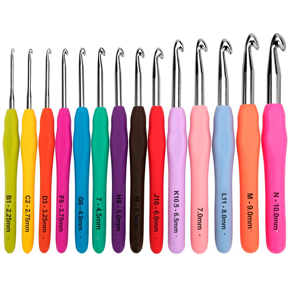 BCMRUN Crochet Hooks Set,14 Pcs 2.25mm(B)-10mm(N) Ergonomic Soft Grip Handles,Smooth Knitting Needles Kit with Bag for Arthritic Hands,Extra Long  Plus Knit Needles Weave Yarn Set,Best Gift for Women