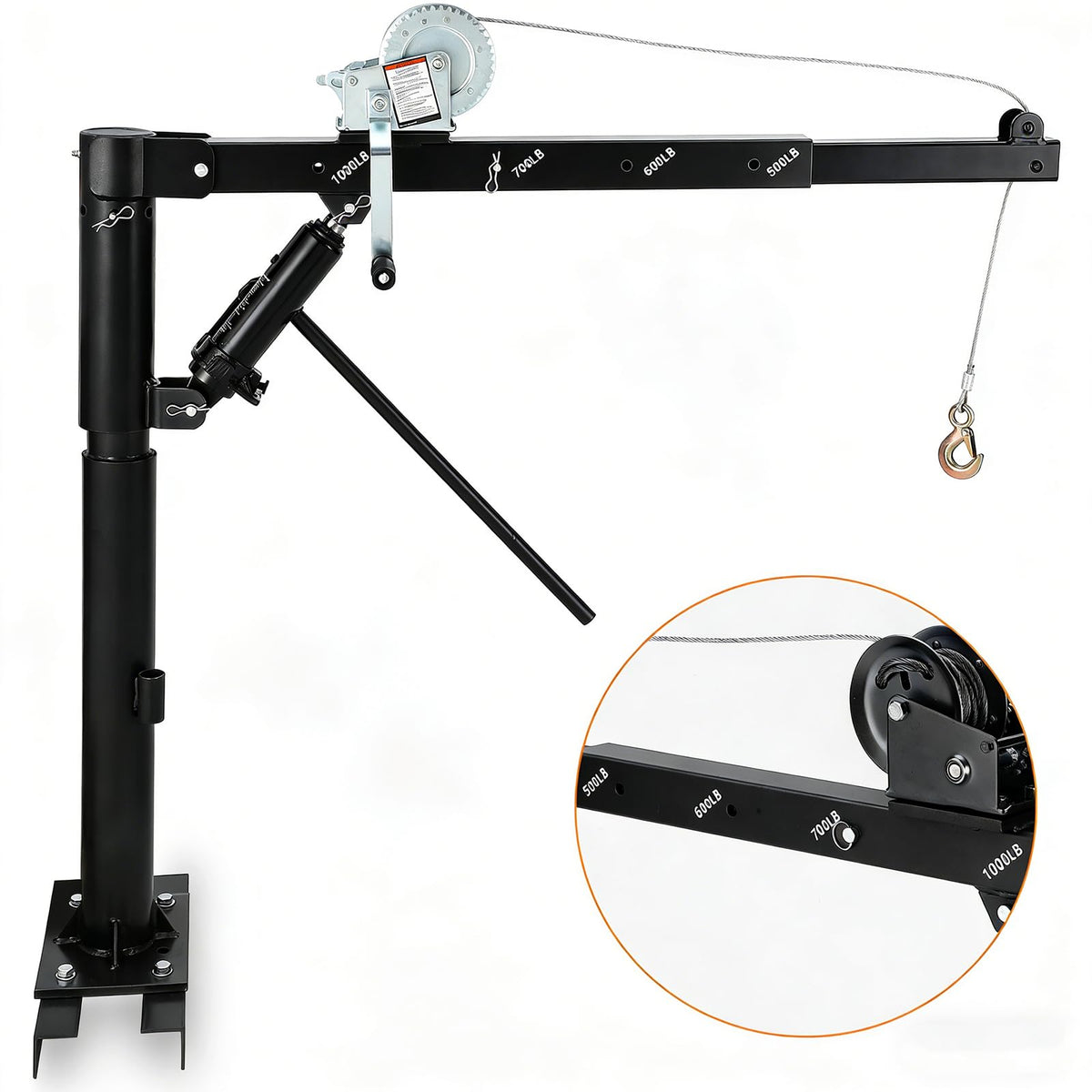 Garvee 1000 LBS Pickup Truck Crane, Hydraulic Hoist with Manual Winch, 360° Swivel, 4 Adjustable Boom, Heavy Duty Truck Bed Crane for Factory, Warehouse, Construction, Industrial Lifting - Black