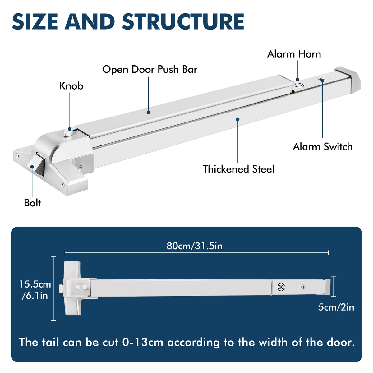 Commercial Door Push Bar Panic Exit Device with Alarm Exterior Lever 80cm/31.5" Stainless Steel Panic Bars for Exit Doors Emergency Exit Panic Door Hardware with 6 Keys for 31”-47” Wood Metal Doors