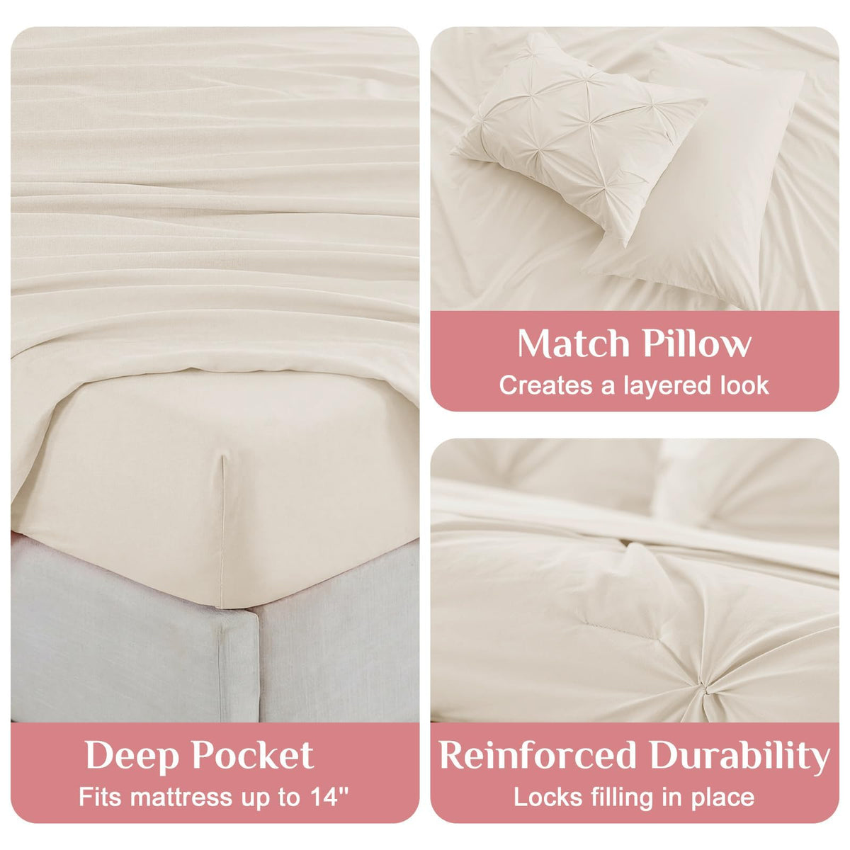 JOLLYVOGUE Queen Comforter Set 7 Pieces - Bed in a Bag Queen for All Season, Pintuck Bedding Comforter Sets with Comforter, Flat Sheet, Fitted Sheet and Pillowcases & Shams, Beige