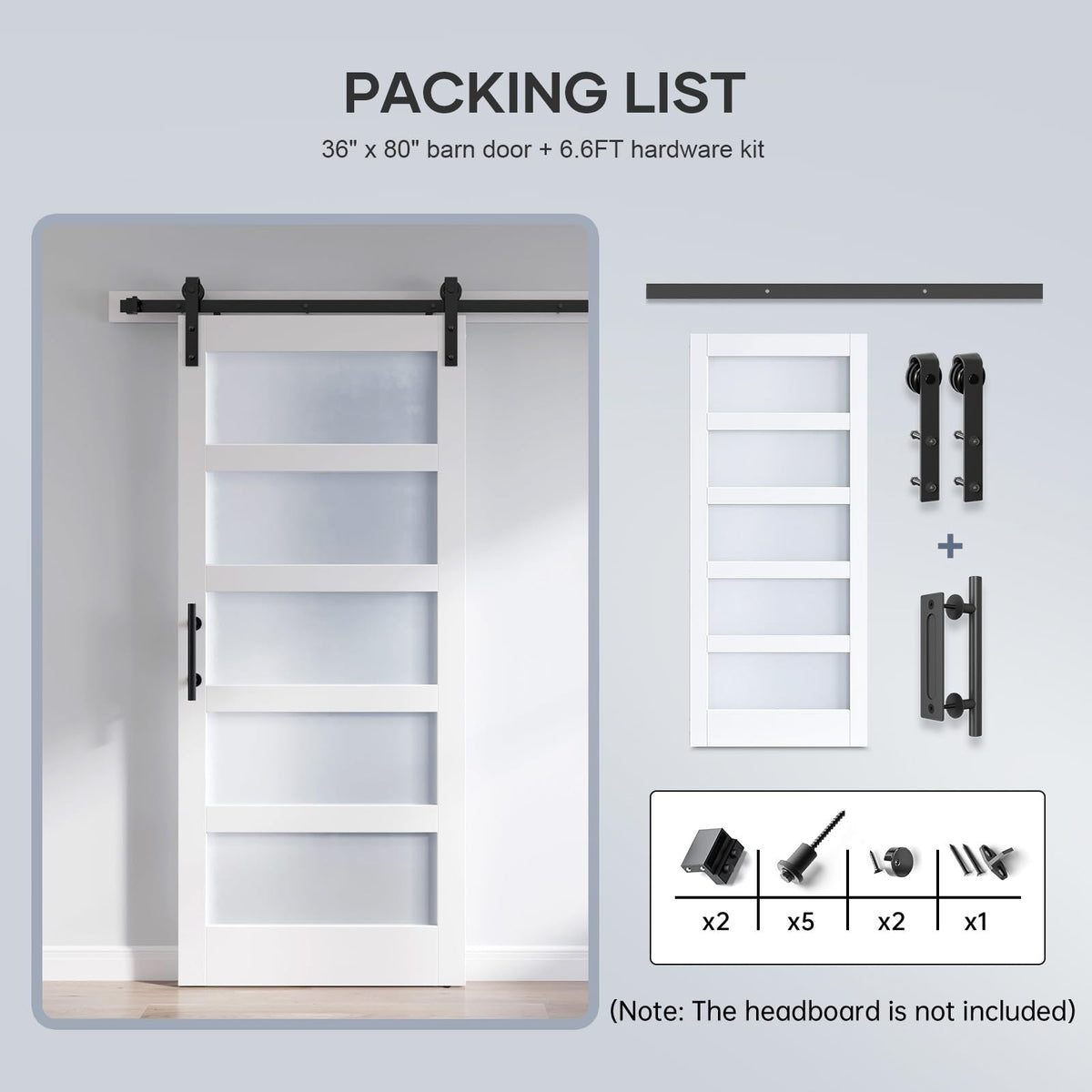 ROYMELO 36x80 Inch Glass Sliding Barn Door Slab and 6.6ft Hardware Kit Included, 5 Frosted Glass, LVL Wood Panel Covered with White Water-Proof Scratch-Proof PVC Surface, Simple DIY Assembly
