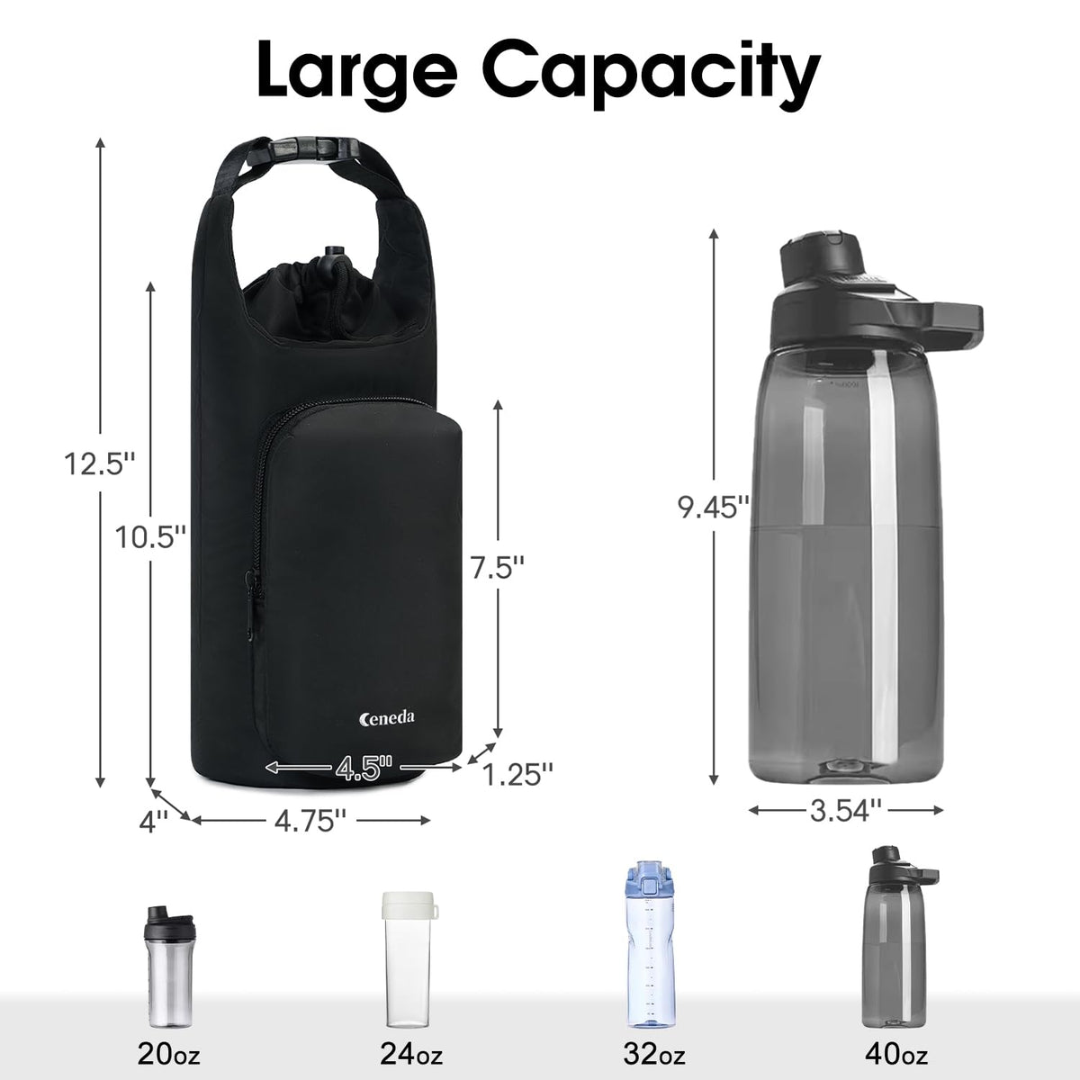 Ceneda Water Bottle Carrier Bag with Phone Pocket 32oz 40oz Tumbler Insulated Water Bottle Holder with Adjustable Shoulder Strap Carrier Sling Bag (Black)