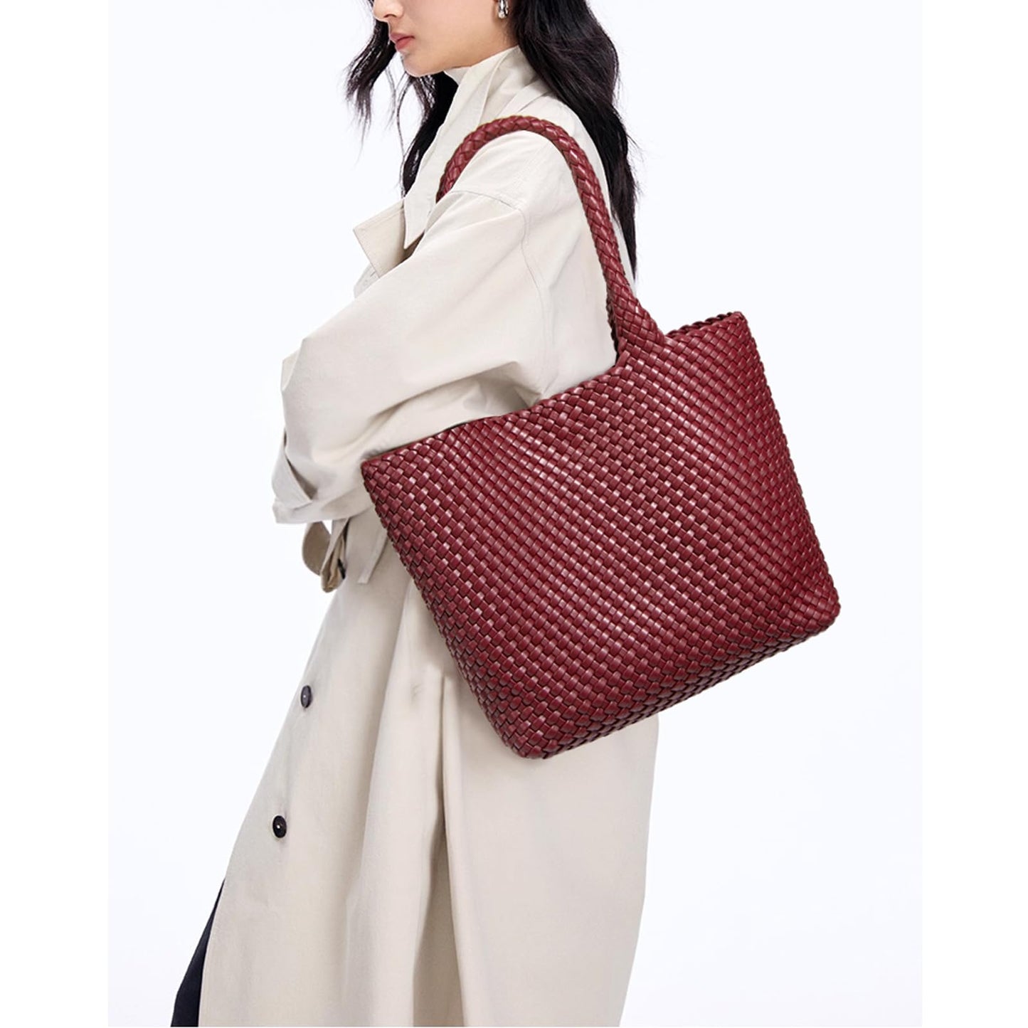 SporGenius Woven Tote Bag for Women, Vegan Leather Handwoven Bags with Small Handmade Purse, Large Travel Braided Top Handle Handbags (Burgundy)