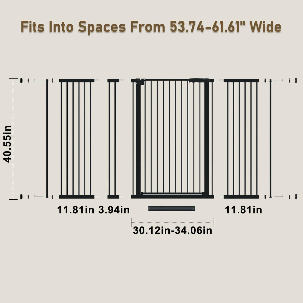 WAOWAO 40.55" Extra Tall 1.37" Ultra Narrow Spacing 53.74-61.61" Extra Wide Dogs Pets Baby Gate Safety Indoor Puppy Pressure Mounted Gate No Drill Black Metal for Stairs,Doorways,Kitchen,Hallway