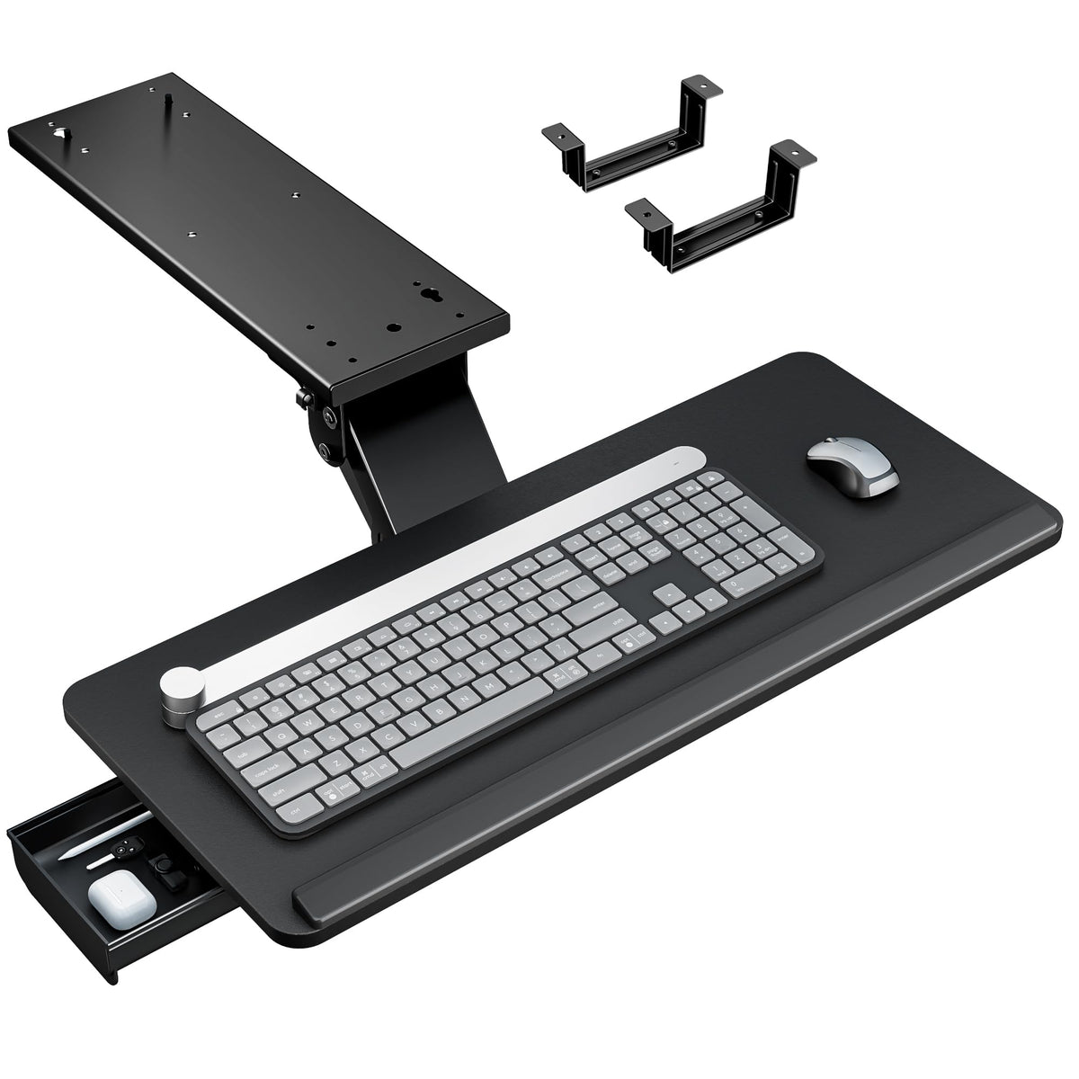 PEGZONE Keyboard Tray Under Desk with Storage Drawer, Height Adjustable Keyboard Tray Slide Out Swivel Tilt, Ergonomic Under Desk Mount Keyboard & Mouse Holder for Gaming Home Office, 25x11'', Black