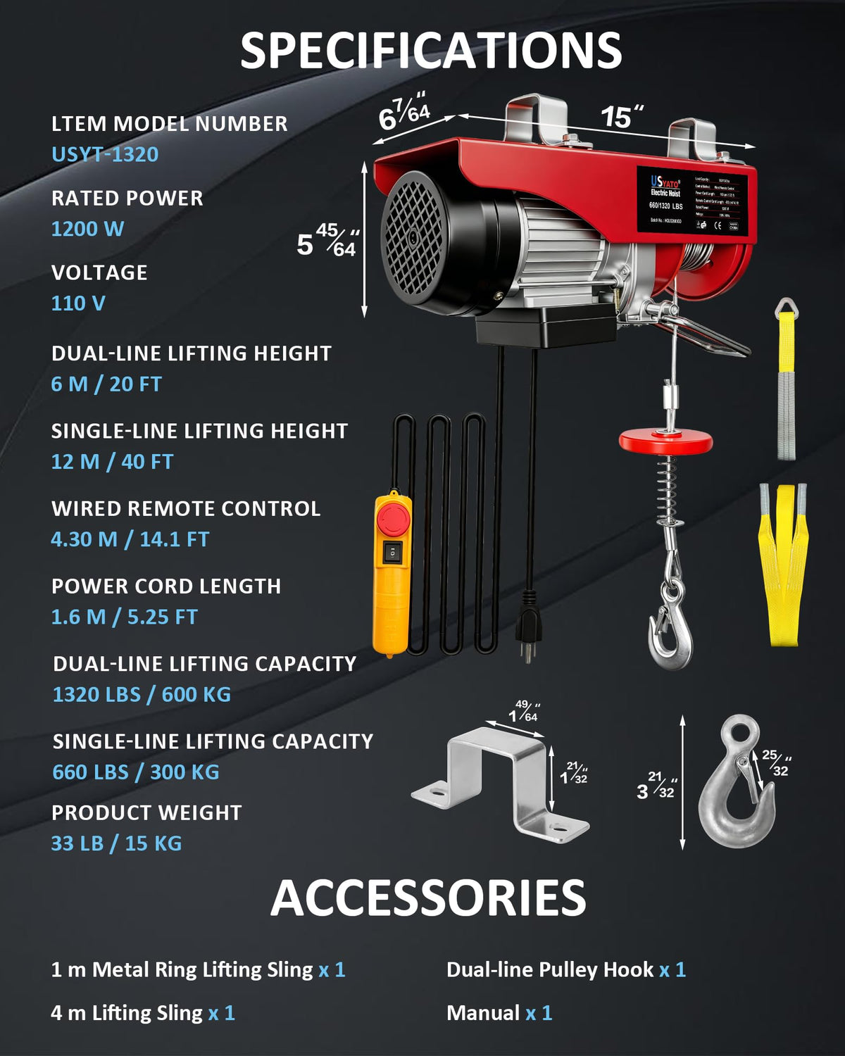 USYATO 1320 lbs Electric Hoist with 14.1 ft Wired Control,110V Electric Winch with Emergency Stop Switch,Zinc-Plated Steel Wire Hoist,Material Handling Tool for Warehouse,Garage,Factory,Attic