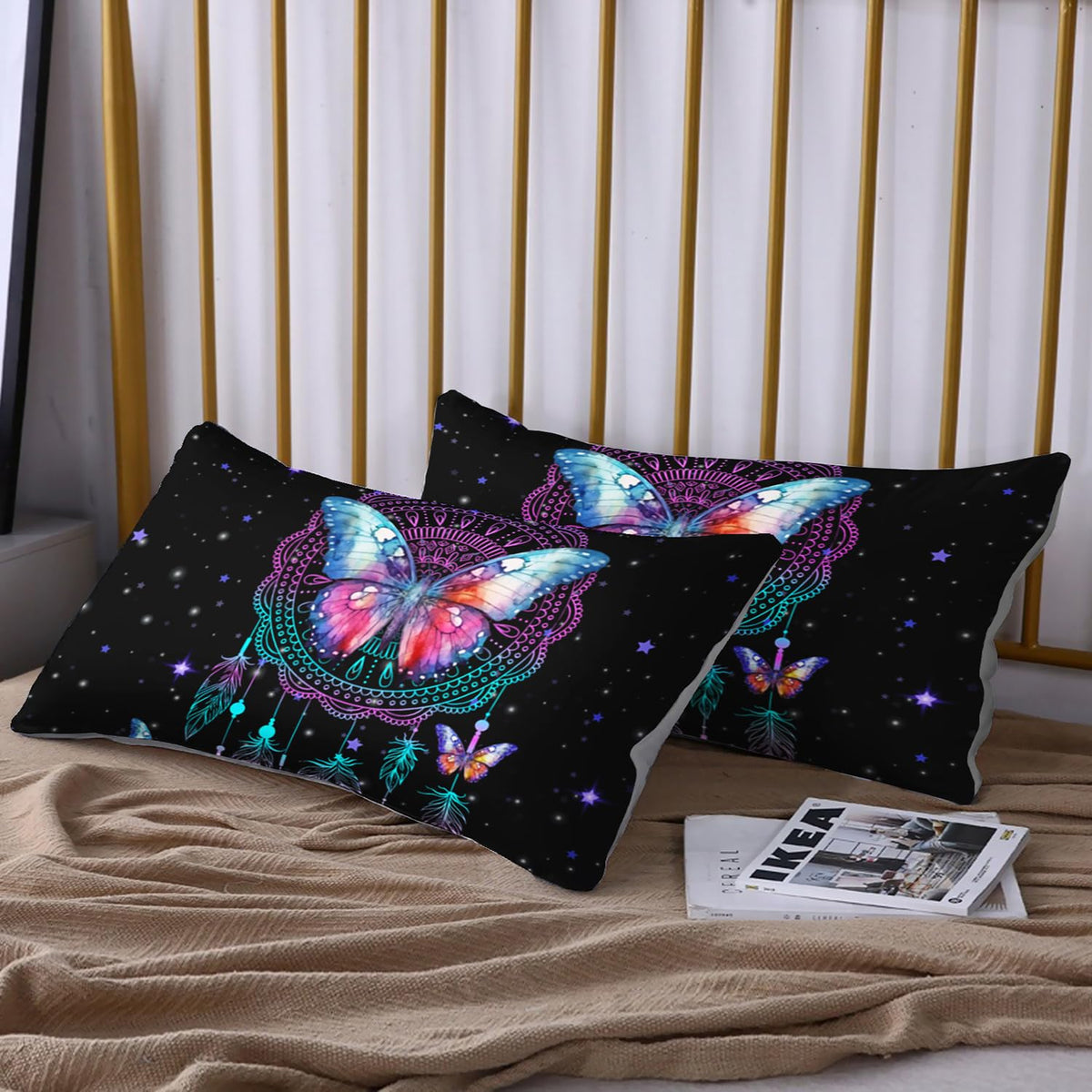 HOSIMA Butterfly Fitted Sheet Twin Size for Girls,Dream Catcher Bedding Set for Women Girls Room Decor Aesthetic,Black Galaxy Starry Print Boho Bedding Set with 2 Pillowcases.