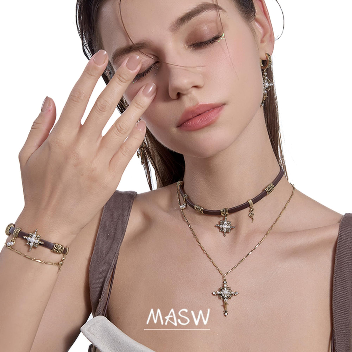 MASW Original design Retro style Fashion Boho Multi-Layer bracelet Brown leather Star Gothic bracelet for women gift M2593001