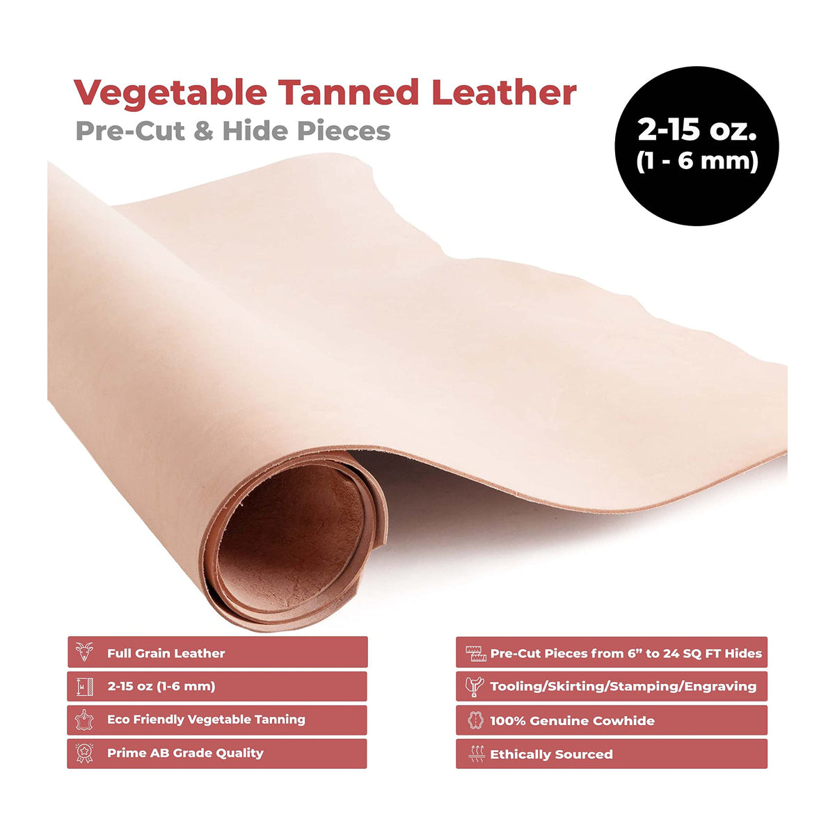 ELW 2-3 oz (1-1.4mm) Thickness Weight 8"x8" Vegetable Tanned Leather Cowhide Grade AB Full Grain Leather for Tooling, Carving, Engraving, Molding, Embossing, Stamping, & Dyeing