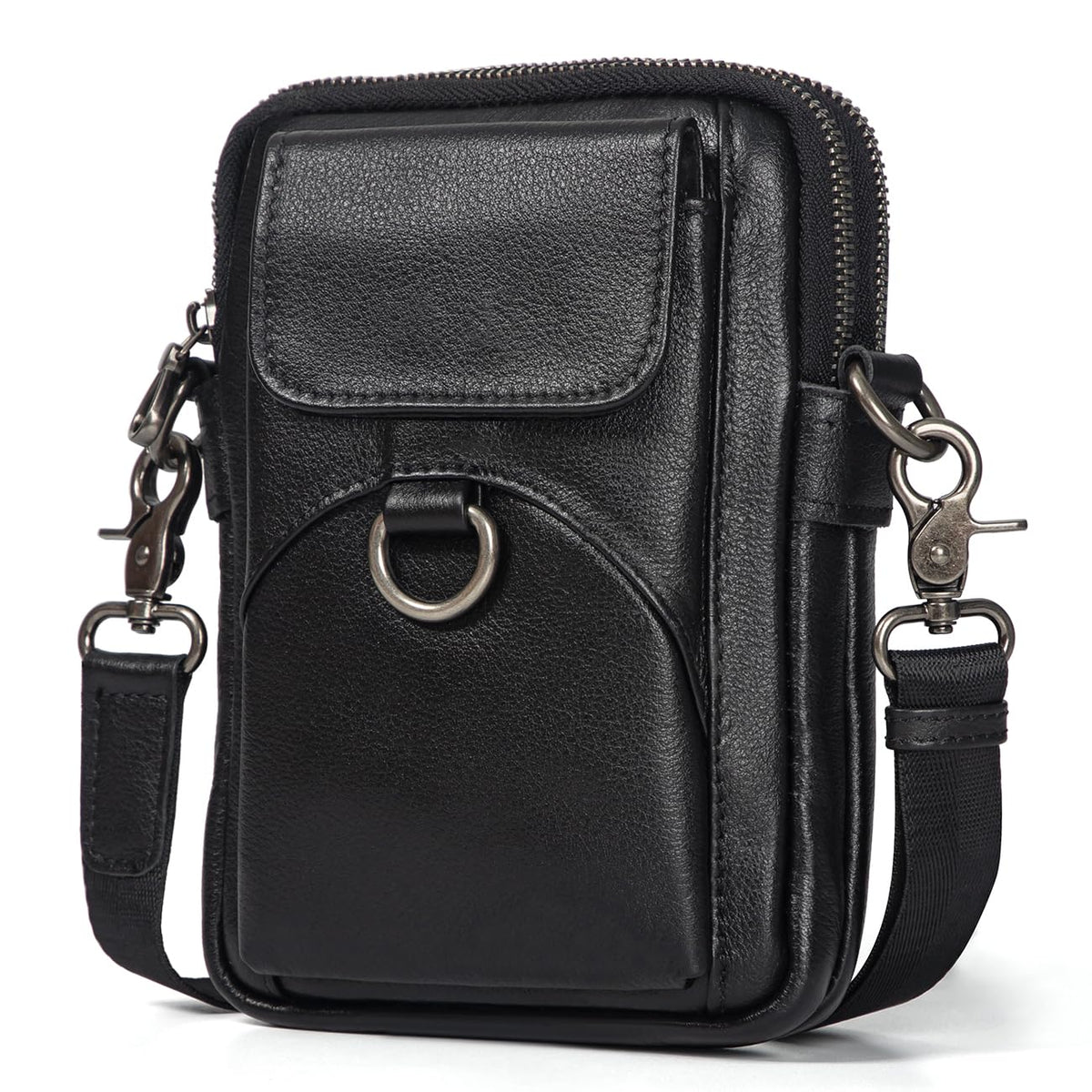 Augus Genuine Leather Small Crossbody Bag Cell Phone Messenger Purse Shoulder Handbag for Daily Use for Women and Men (Black-1)