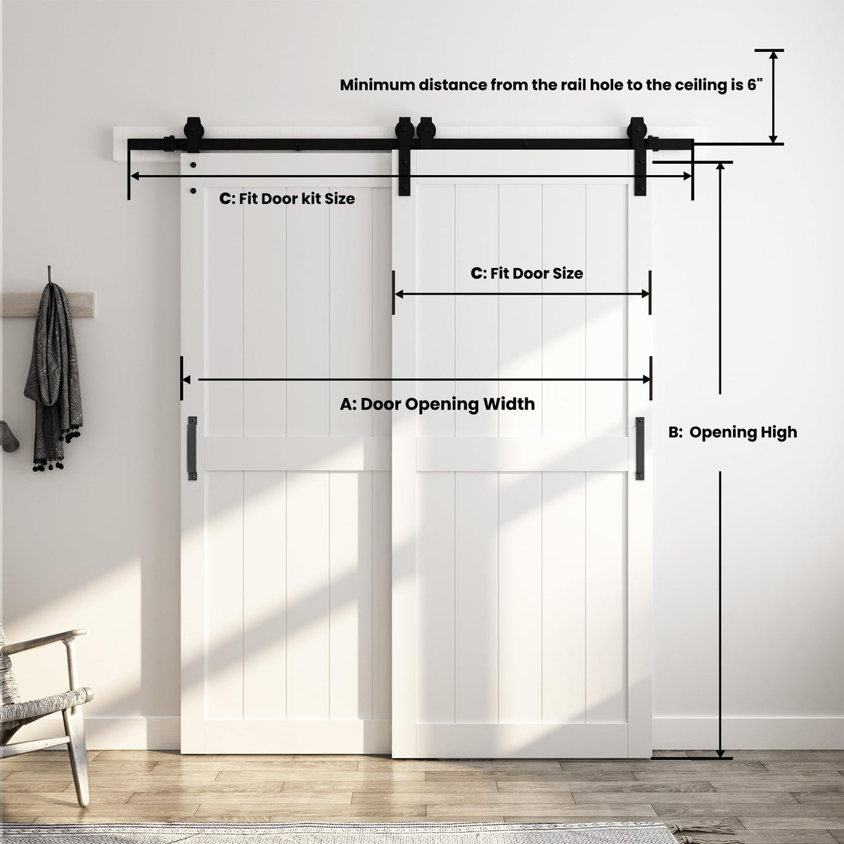 SmartStandard 36in x 96in Double MDF Sliding Barn Doors with 6.6FT Bypass Barn Door Hardware Kit, Save Space, Waterproof, Easy Install, Fit 60in-64in Openning, White