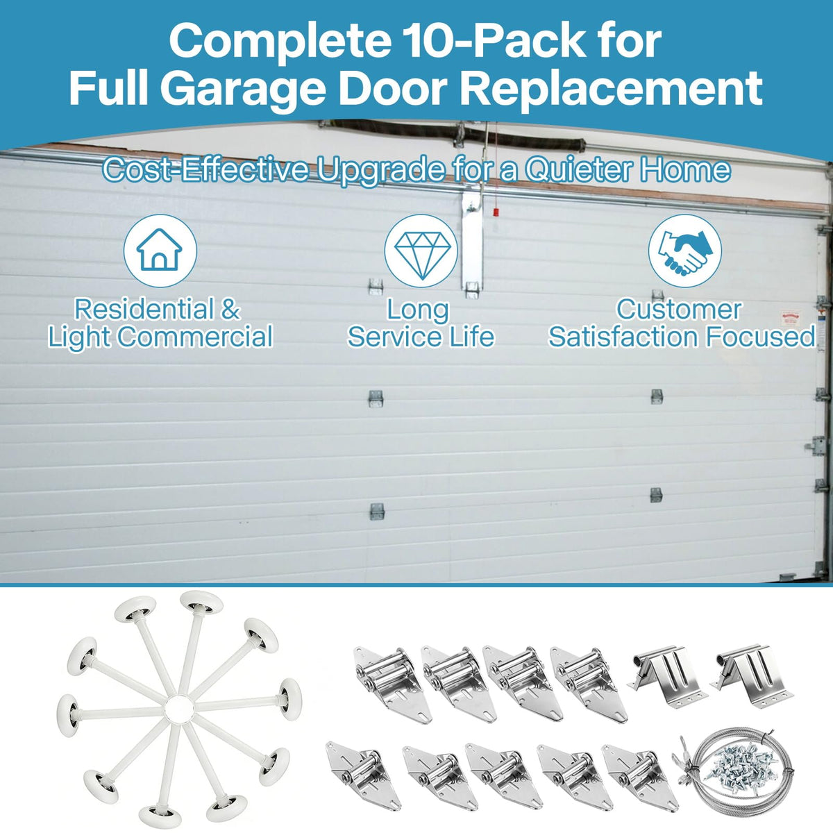 LIMICAR Nylon Garage Door Rollers 10 Pack with Hardware Kit – White 2" Quiet Wheels 4" Stem, 6200-2RS Dual Sealed Bearings, Hinges Brackets Wire Rope, Fits Standard 2" Track