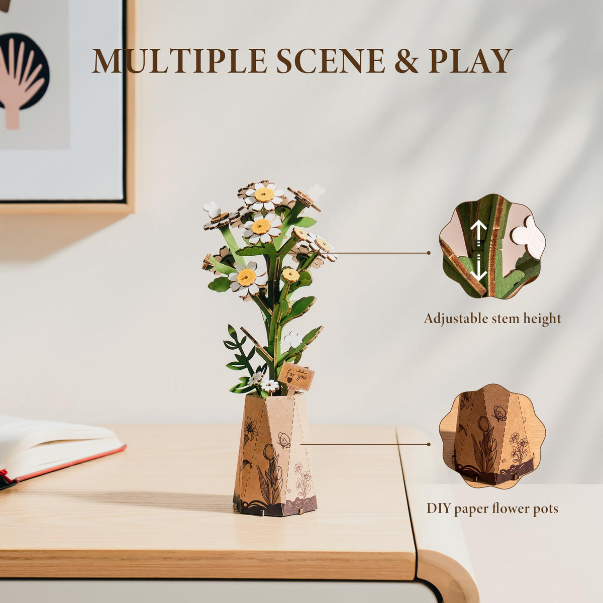 ROBOTIME 3D Wooden Flower Puzzle, Chamomile DIY Craft Kit for Adults, Artificial Flower for Home Table Decor, Gift for Women, Mom, Wife
