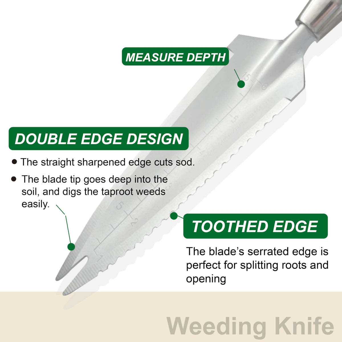 SUMIO 13.3" Alloy Steel Garden Trowel with Forked Tip and Depth Markings, Weeding Knife for Root Cutting, Transplanting, Digging, and Slit Weeding