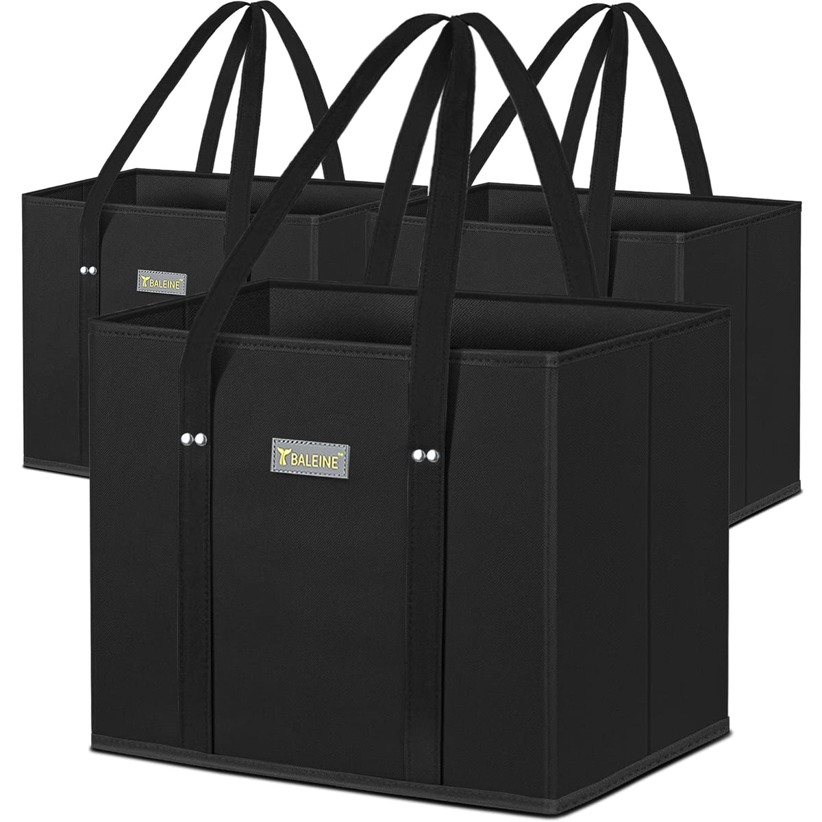 BALEINE 3Pk Reusable Grocery Bags, Foldable Shopping Bags for Groceries with Reinforced Bottom & Handles (Black)