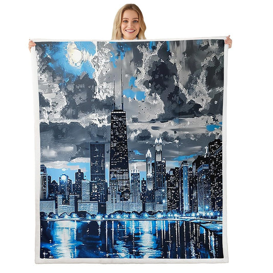 Boys Modern City Throws Blanket,Watercolor Blue Light Building Print Sherpa Blanket for Girls Teens, Fashion Night View Cloud Sky Microfiber Fleece Blanket Room Decor, Throw Size (50 x 60 Inch)