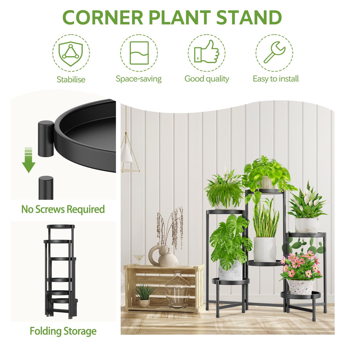 iDavosic.ly 6 Tier Large Plant Stand Indoor with 10 Inch Wide Tray, Tiered Corner Metal Outdoor Flower Display Holder Shelf, Folding Tall Rack for Patio Porch Living Room, Modern Black