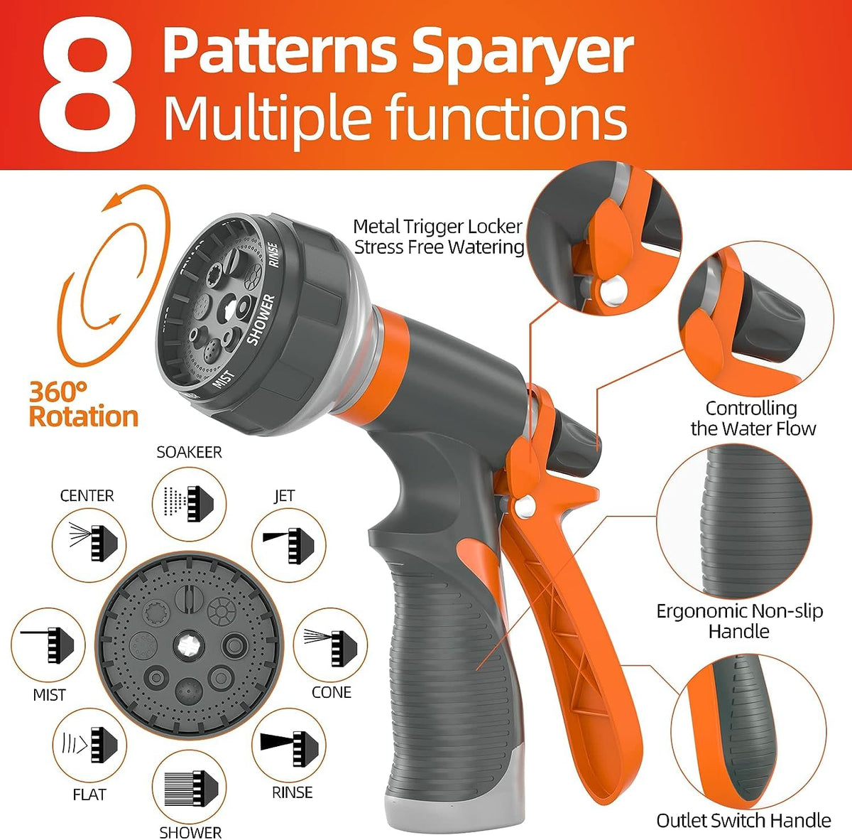 SPECILITE Garden Water Hose 200 ft x 5/8 in Heavy Duty, Flexible and Lightweight, Burst 600 psi, Kink-less Hybrid Rubber Pipe for Backyard, 3/4'' Brass Fittings, Orange