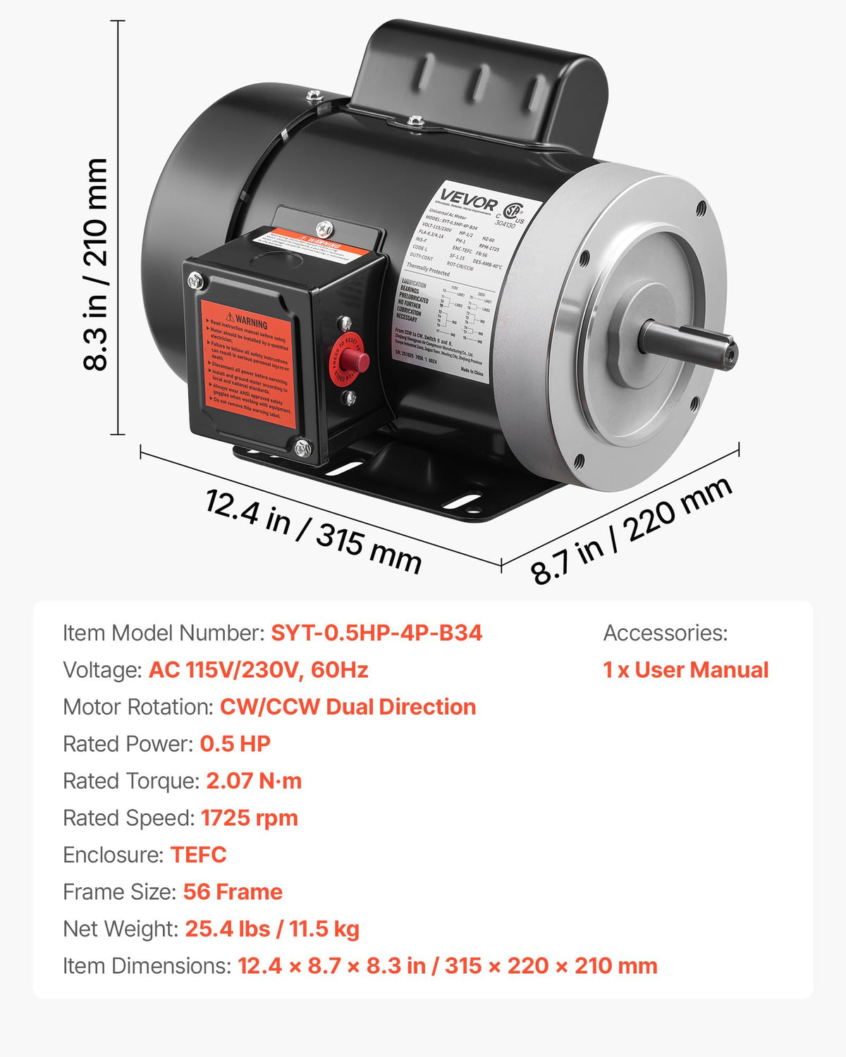 VEVOR 0.5 HP Electric Motor, 1725RPM Air Compressor Motor, CW/CCW Rotation, 5/8 inch Shaft Diameter, 1.88inch Shaft Length, 2.07N.m Torque, Single-Phase, TEFC Cooling, 115V/230V, 56 Frame