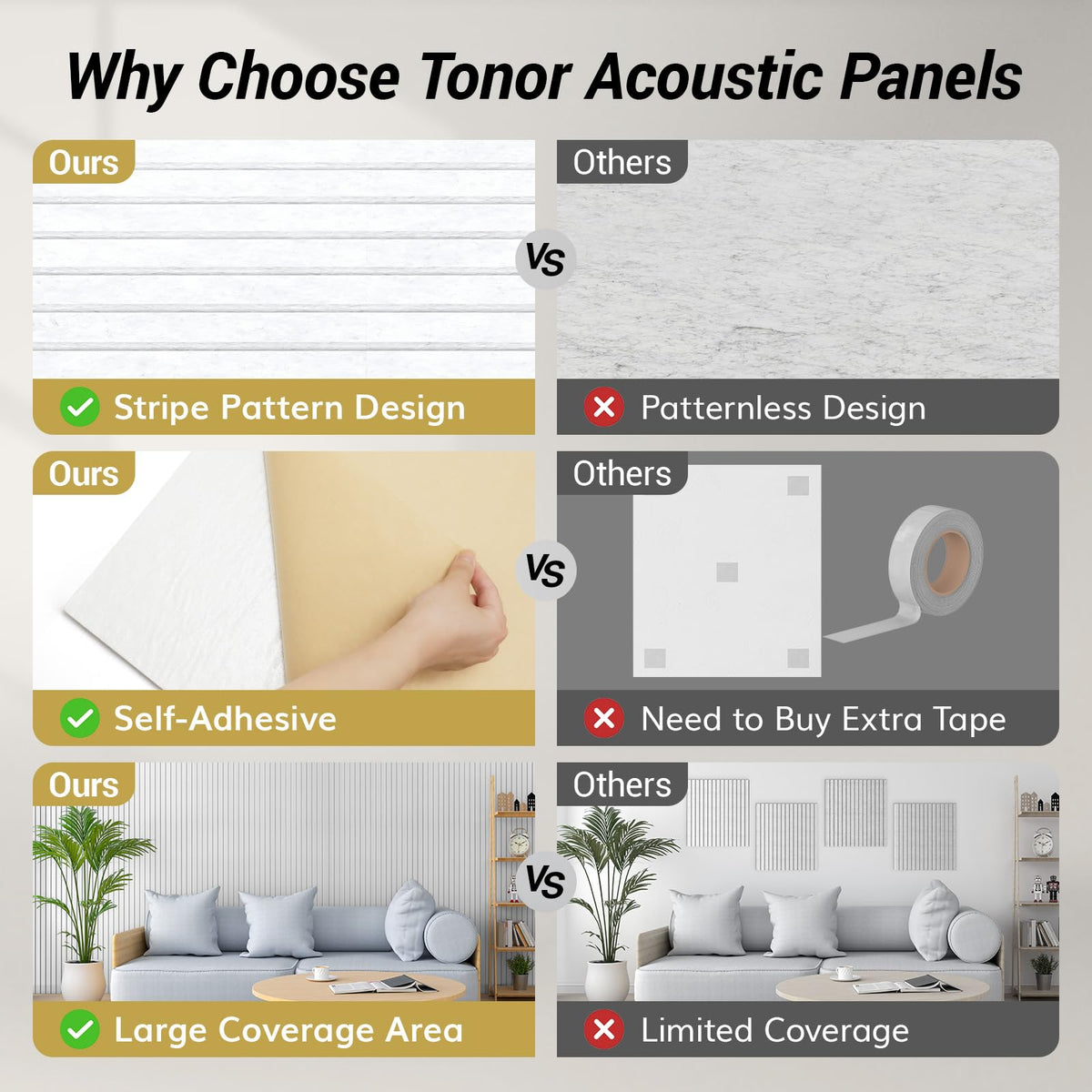 TONOR 8 Pack Large Acoustic Panels,47.2" X 23.6" X 0.35" Acoustical Wall Panel, Self-Adhesive Sound Proof Panels, Decorative Soundproof Wall Panels for Echo Absorption for Home Studio Office, Black