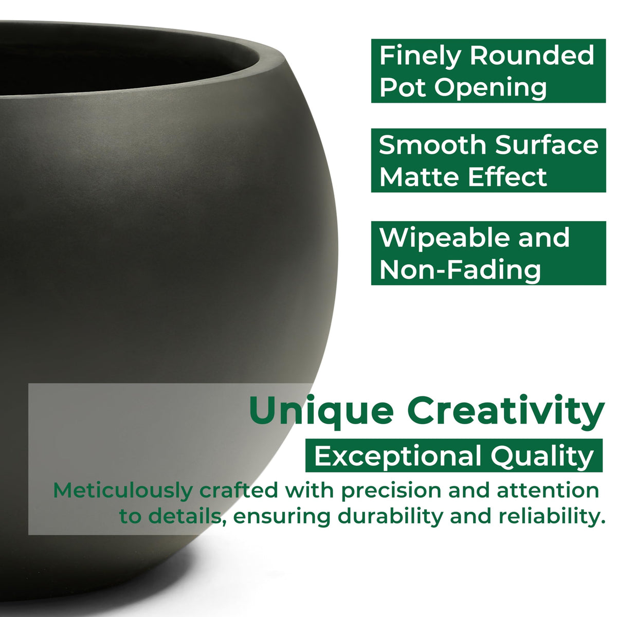 FloraFairy Fiberstone Sphere Planter, Black 19.3" Dia Large Flower Pot with Drainage Hole and Silicone Plug, Round Plant Container for Indoor or Outdoor, 15" Opening-13 H Large