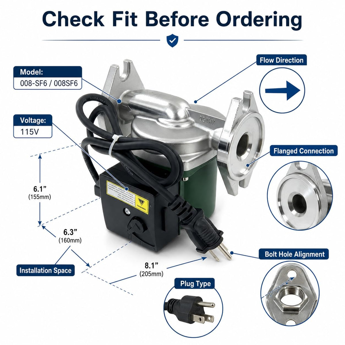 008-SF6 Hot Water Recirculation Pump 1/25 HP 115V 14 GPM 125 PSI 3250 RPM Flanged Stainless Steel Circulator Pump Compatible with Taco for Boiler Radiant Heating & Closed Loop System Replace 008SF6