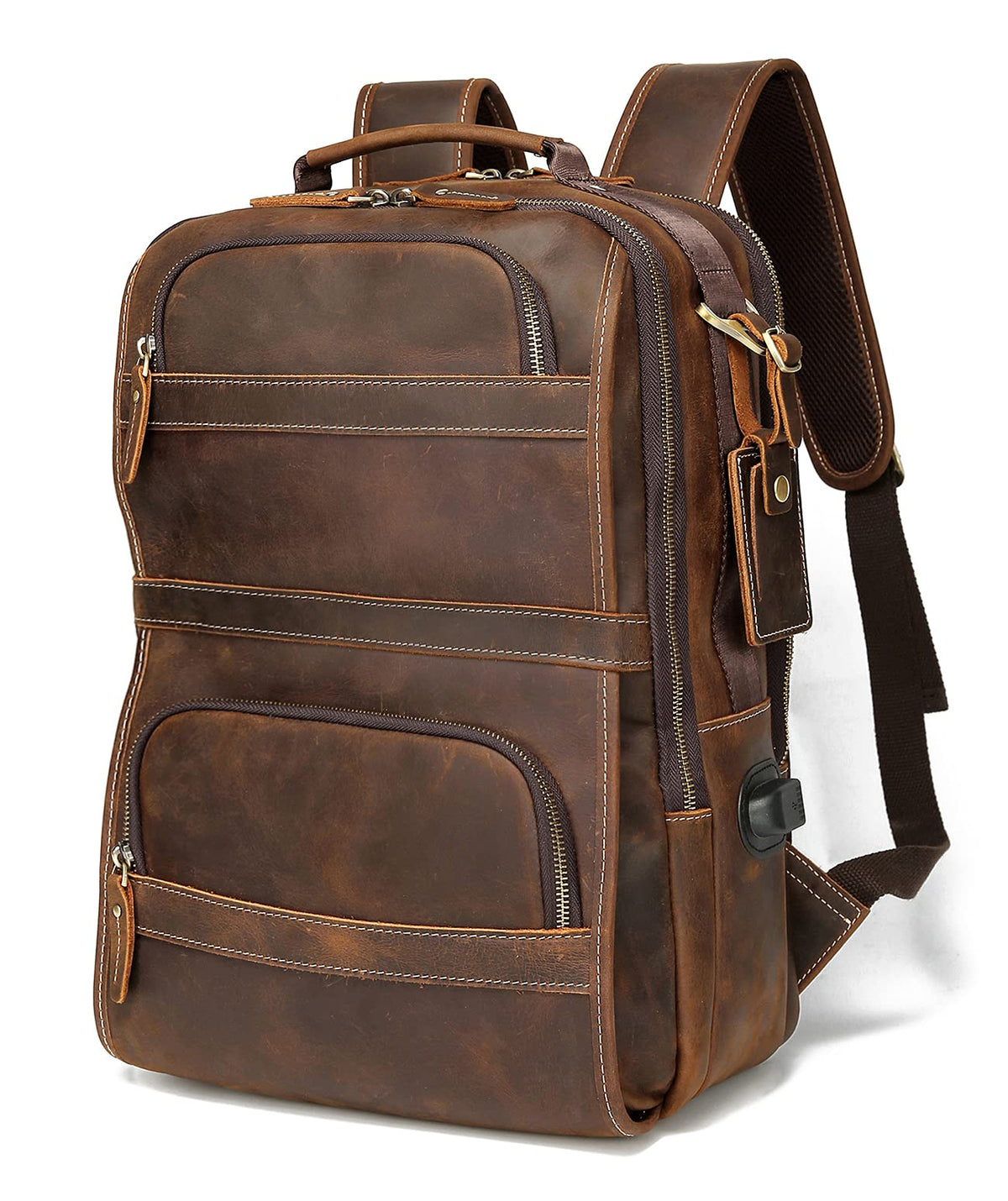 LANNSYNE Vintage Genuine Leather Backpack For Men 15.6 Inch Laptop Bag Overnight Weekender Camping Daypack Rucksack