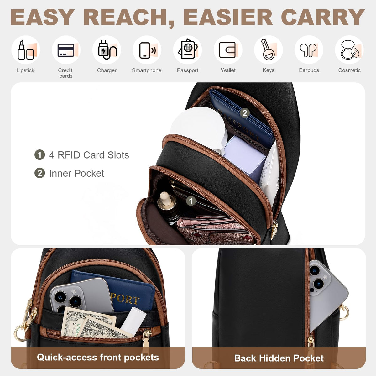 SYTRAH Anti Theft Crossbody Bags for Women, RFID Sling Bag Travel Purse, RFID Cross Body Purses Chest Bag for Travel Black Brown