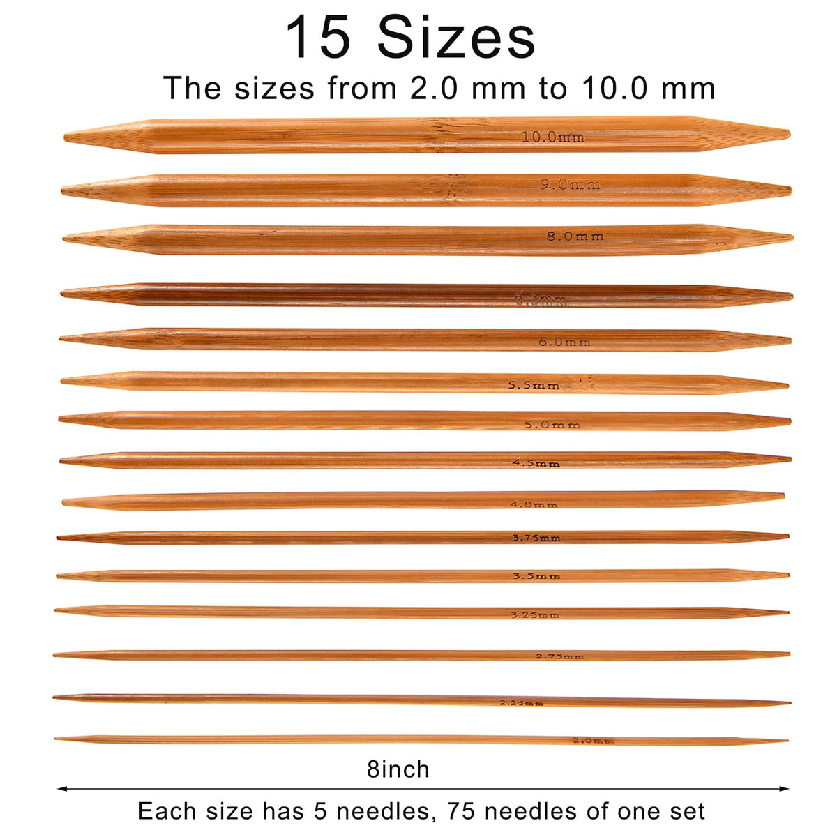 Double Pointed Knitting Needles Set,75 Pcs Wooden Bamboo Knitting Needles Kit,15 Sizes from 2.0mm-10.0mm,with Small Tools,Straight Wood Needles for Beginners,Making Sweater,Scarf,Sock,Weave