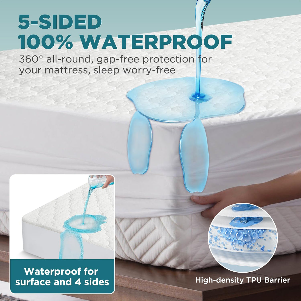 5-Sided Waterproof Mattress Protector, King Size Quilted Bamboo Rayon Mattress Cover, Breathable Cooling Noiseless Bed Fitted Sheets, Soft Bedding Pad with Deep Pocket Up to 18"