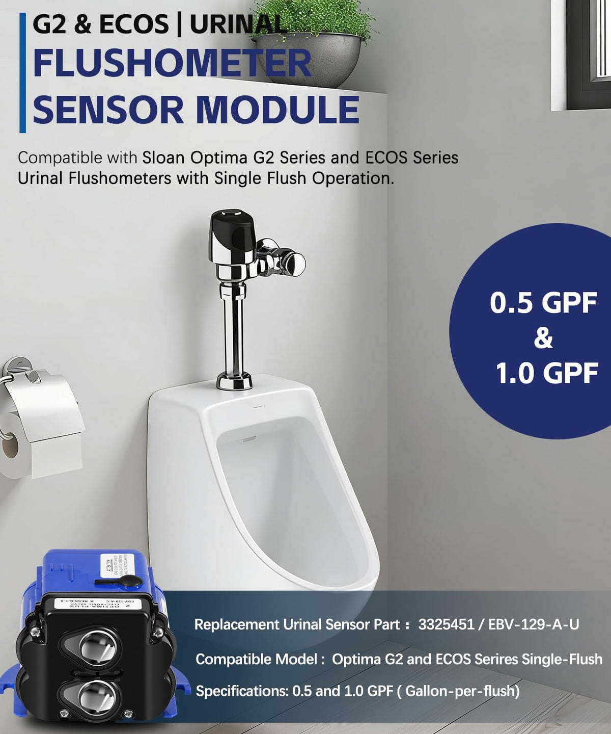 EBV-129-A-U Urinal Electronic Control Module 0.5 & 1.0 GPF for Sloan Optima G2 & ECOS Sensor Urinal Flushometers, 3325451, AXF770 Replacement for Sloan Flush Valve Sensor Module