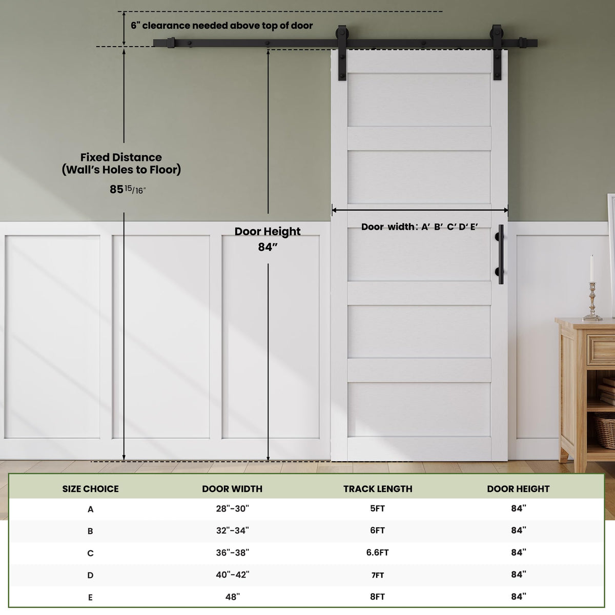 SmartStandard 36in x 84in Sliding Barn Door with 6.6FT Barn Door Hardware Track Kit & Handle, Waterproof PVC Surface, Pre-Drilled Holes Easy to Assemble, Solid, MDF, White, 5-Panel