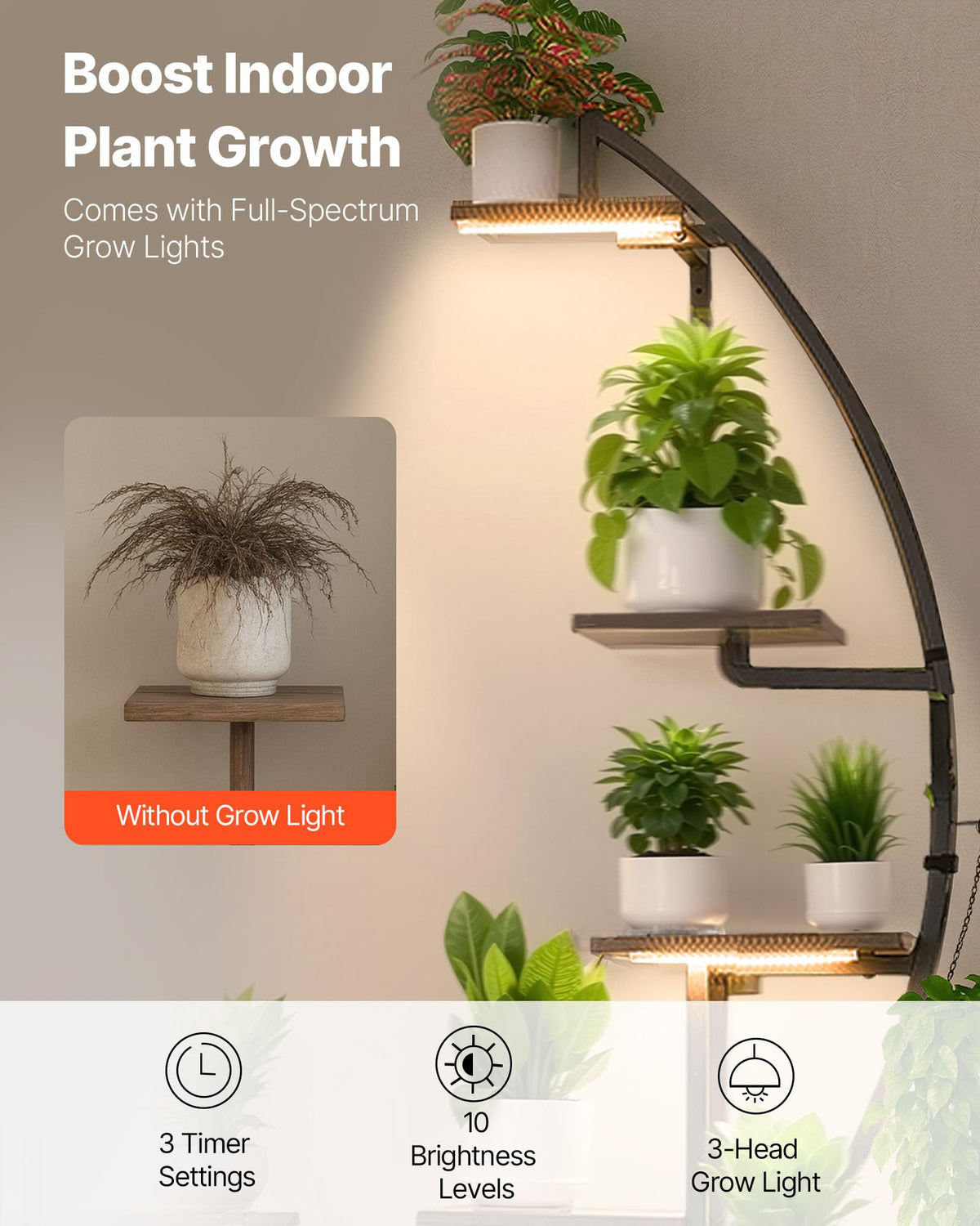 VEVOR Plant Stand Indoor with Grow Lights, 65.5 in Tall 7-Tiered Lighted Plant Shelf, 2 Pack Metal Corner Plants Holder, 3 Timer & 10 Brightness, Half-Moon Shaped Flower Display Rack for Living Room