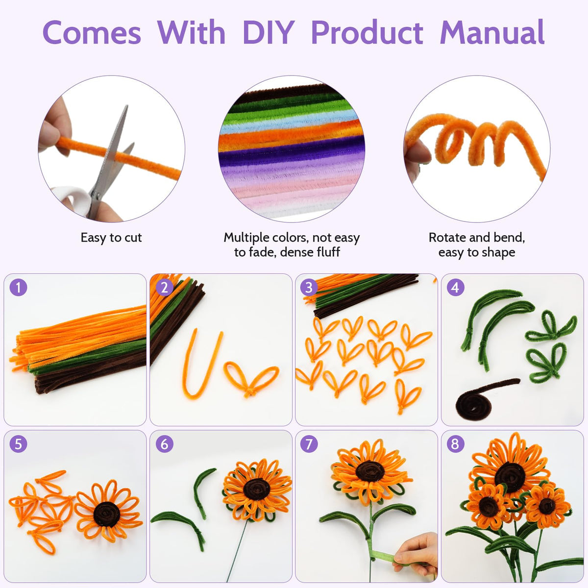 800 PCS Pipe Cleaners Craft, Pipe Cleaners Flowers Kit with Handle, 13 Colors Chenille Stems with Instruction, Art and Craft Supplies