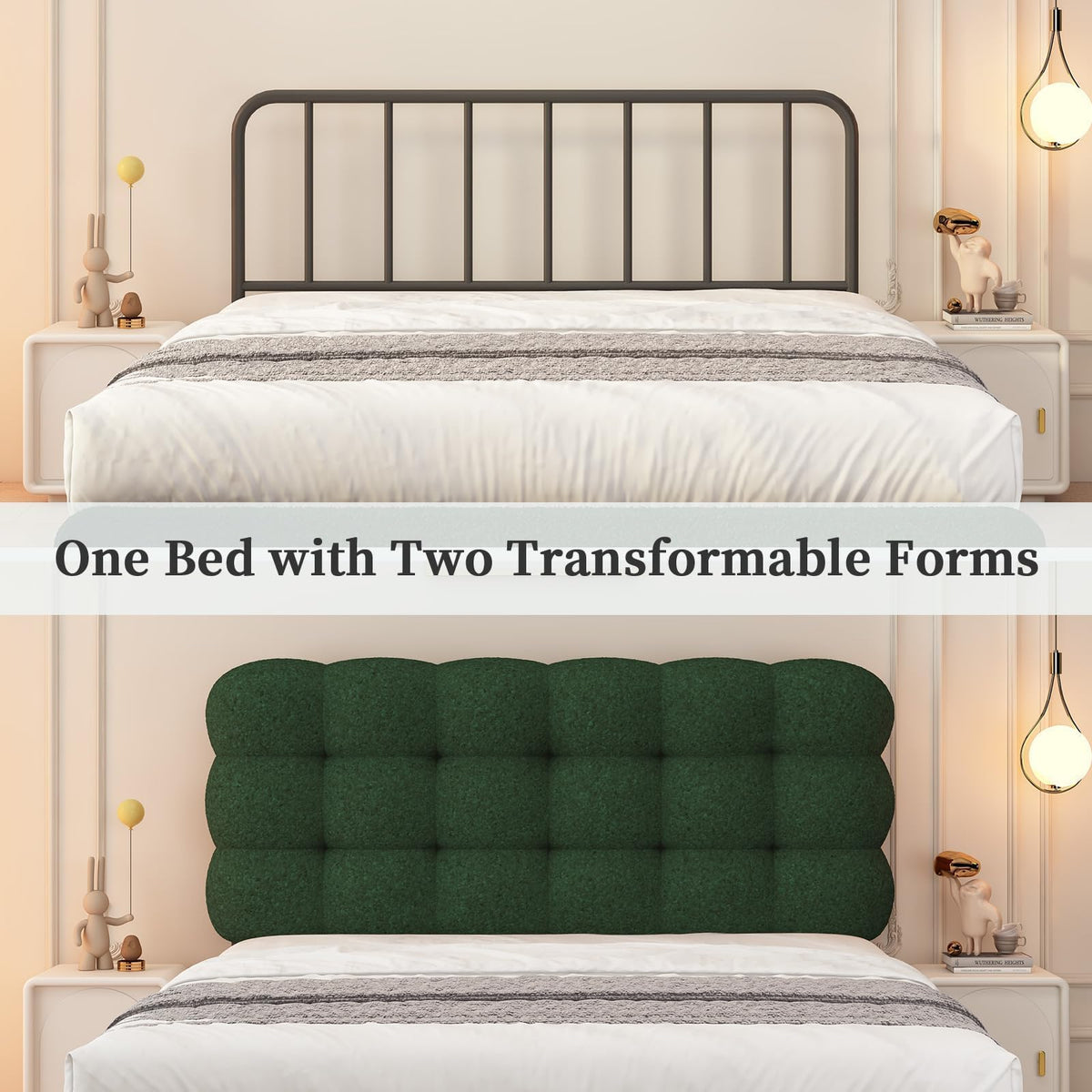 BarnFurin Queen Bed Frame with Upholstered Headboard, Soft Boucle Fabric, Platform Bed with Strong Wooden Slats Support, Two Bed Forms Design, No Boxing Spring Needed, Easy Assembly, Green