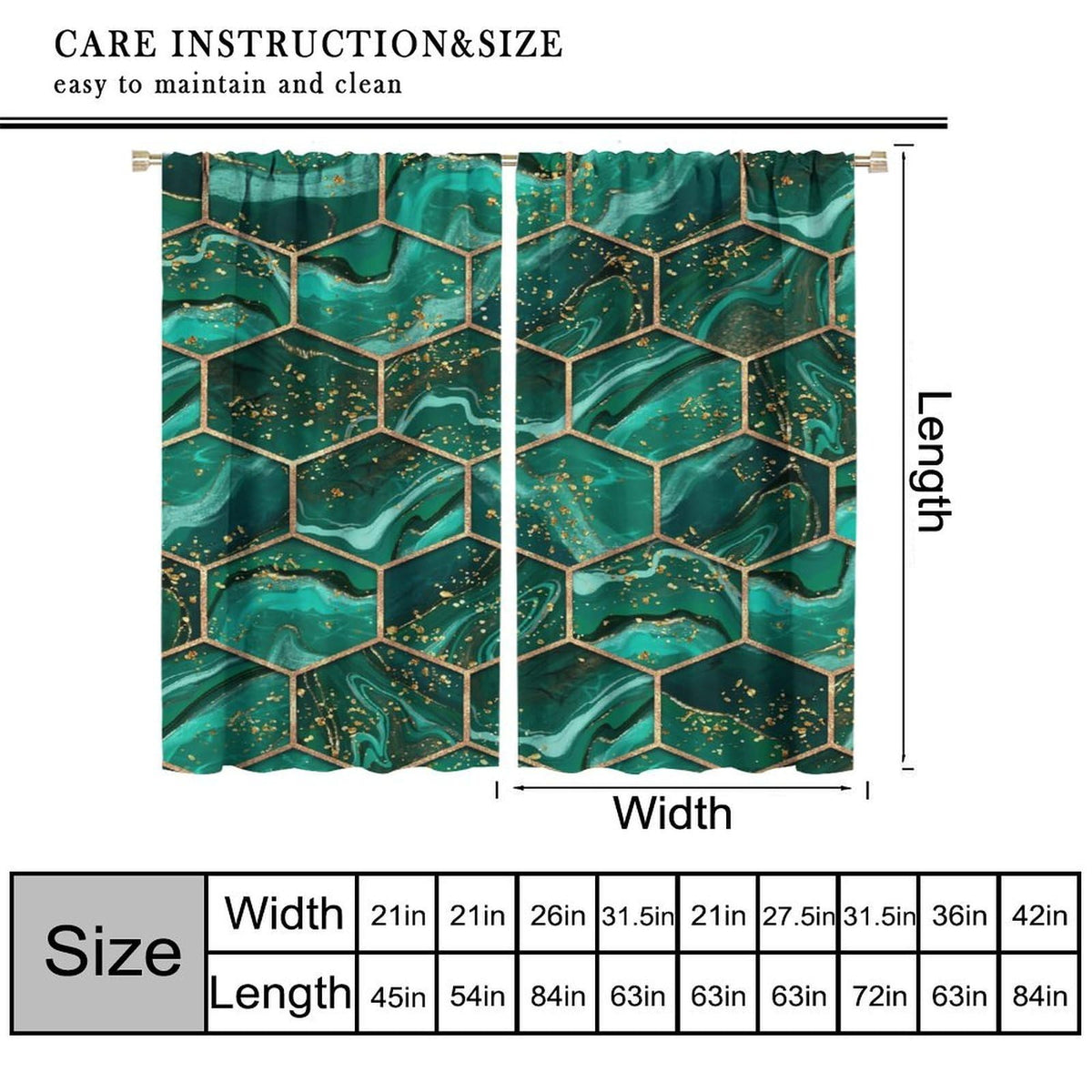 BPANAOAD Green Hexagon Marble Blackout Curtains 2 Panels, Gold Foil Print Luxury Modern Geometric Grommet Drapes, Thermal Insulated Room Darkening Window Treatments for Living Room Bedroom 42x44 Inch