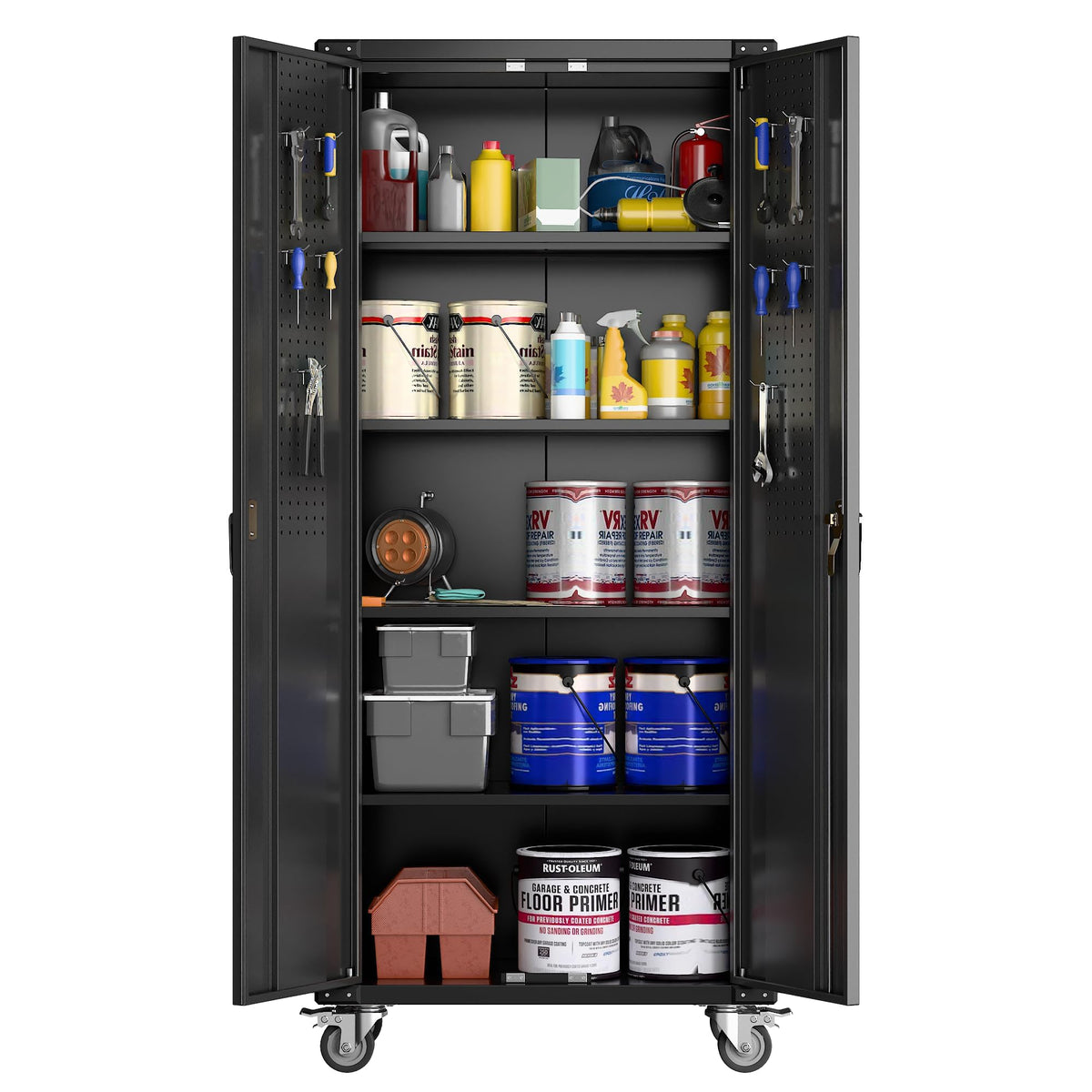 72" Tall Garage Storage Cabinet with Wheels – Locking Heavy-Duty Metal Cabinet with 4 Adjustable Shelves & Door Pegboard, Rolling Tool Cabinet for Workshop, Home, Office – Black