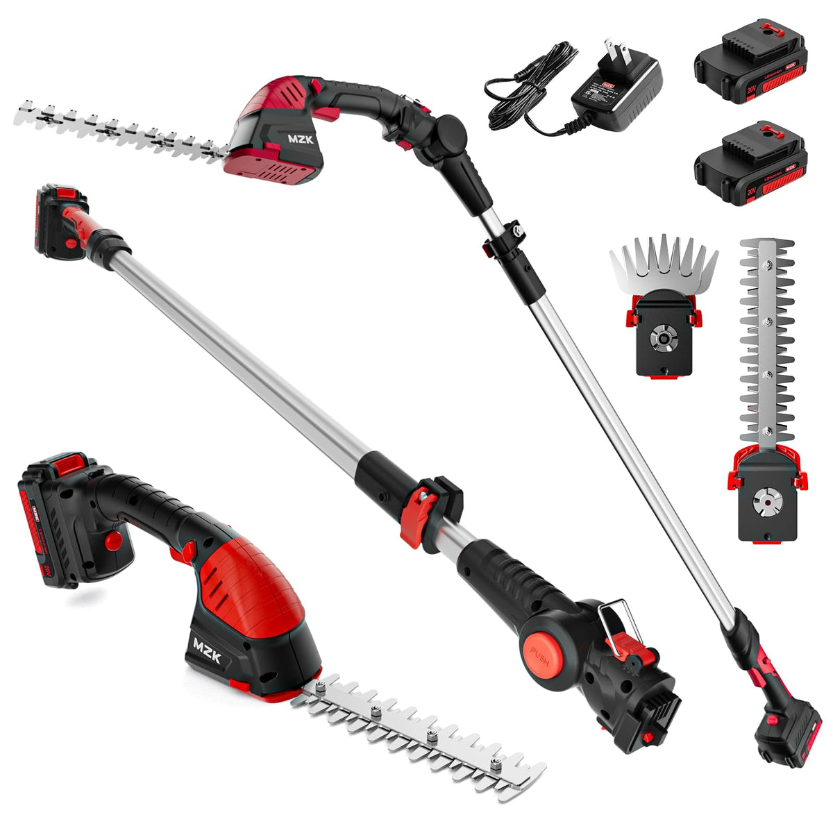 MZK 2-in-1 20V Pole Mini Hedge Trimmer & Grass Shear, 13ft Reach, Electric Hedge Trimmer with Extension Pole, Multi-Angle (2*Batteries and Charger Included) HT08D11