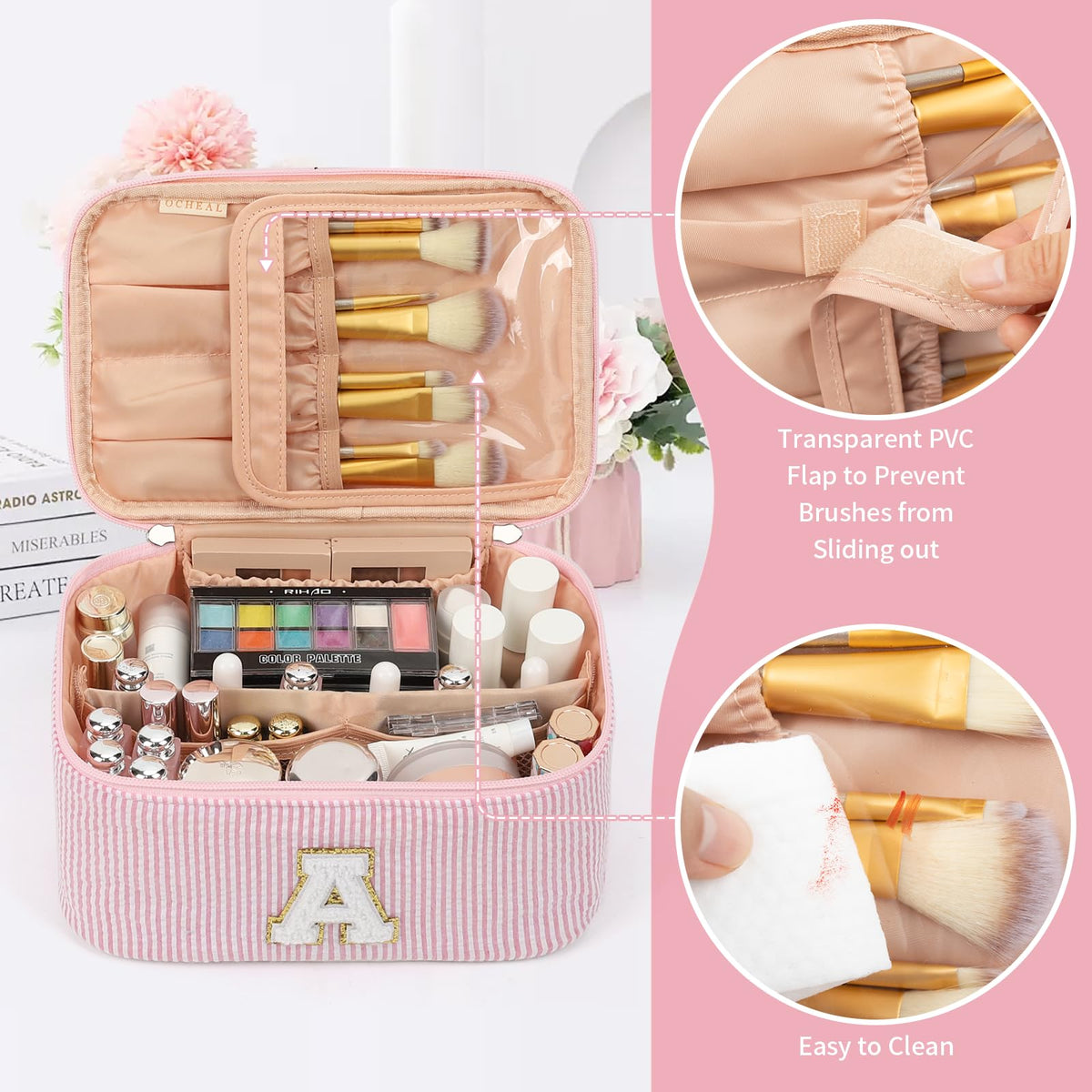 OCHEAL Makeup Bag for Women, Monogram Cosmetic Bag Pink Travel Makeup Case Beauty Toiletry Bag Organizer Personalized Gifts for Girls Bridesmaid, Sister, Wife, Friends Initial A