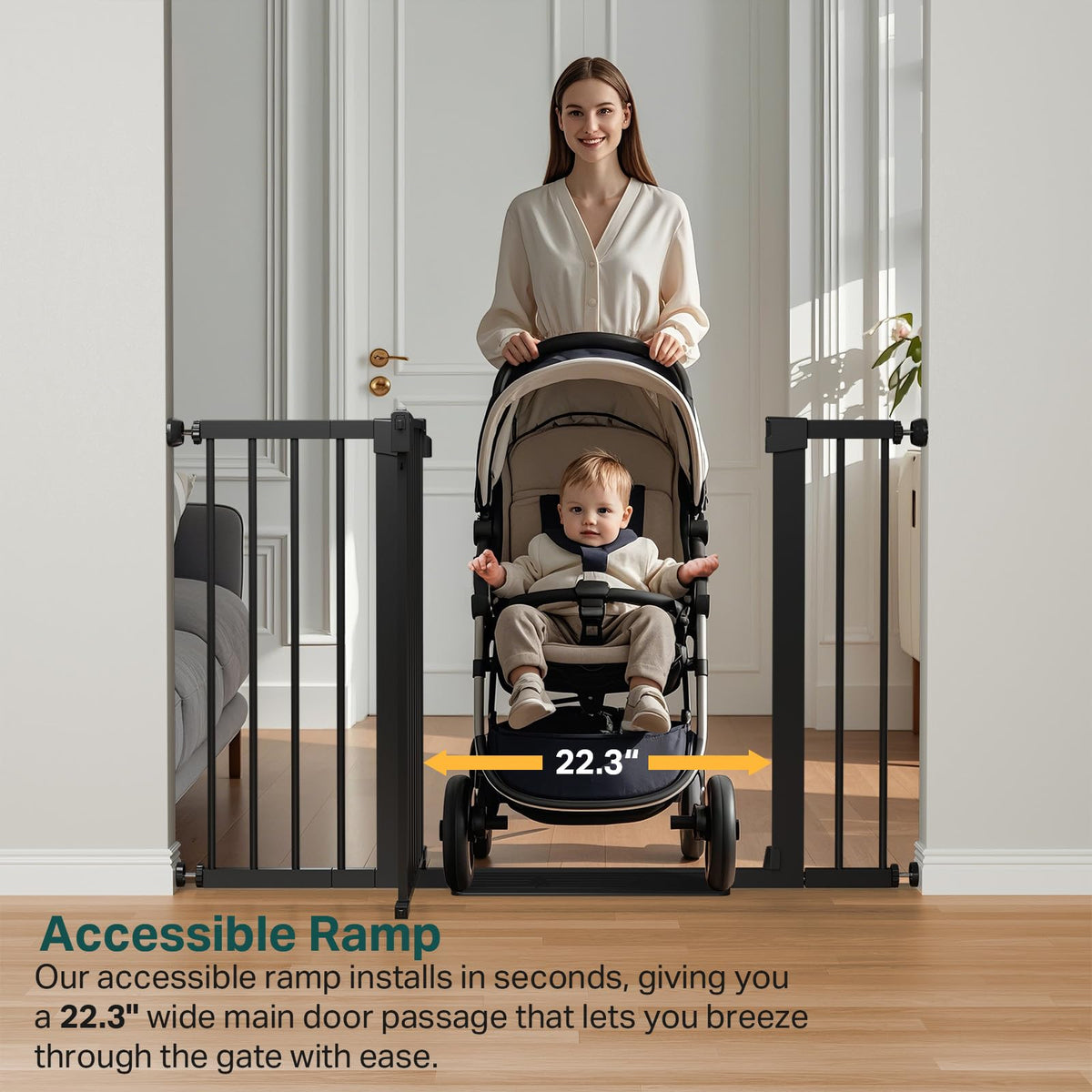 Cumbor 29.7-48" Baby Gate for Stairs, Mom's Choice Awards Winner-Dog Gate for Doorways, Auto Close Safety Pet Gate for Dogs Indoor, Easy Install Pressure Mounted Child Gate with Walk Thru Door, Black