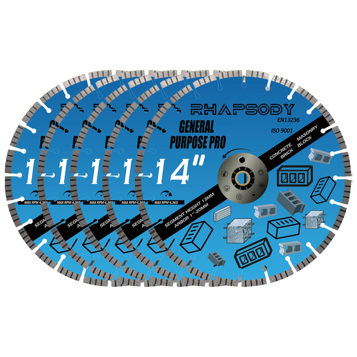 RHAPSODY 14 Inch Diamond Concrete Saw Blade 5pcs, Turbo Segmented General Purpose Blade Dry/Wet Cutting Concrete, Reinforced Concrete, Masonry, Brick, Block,1"-20mm Arbor
