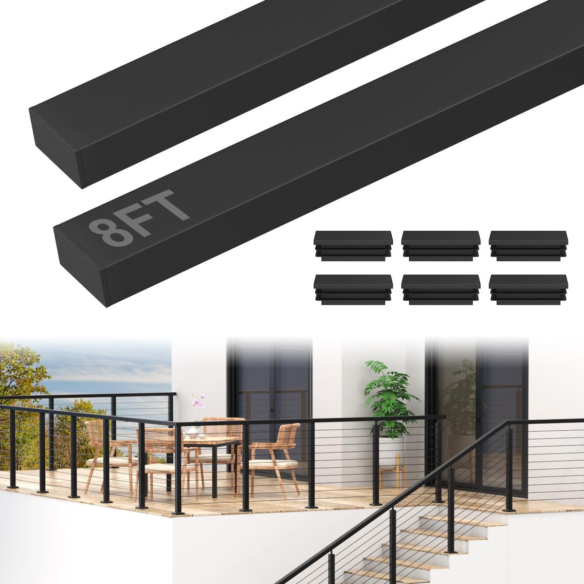 BLIKA 2Pack 8FT Stainless Steel Cable Railing Handrail, Black Rectangular Handrail Flat Top Rail with End Caps for Deck Stair Cable Railing System, Deck Hand Rails for Indoor/Outdoor, BL01-T